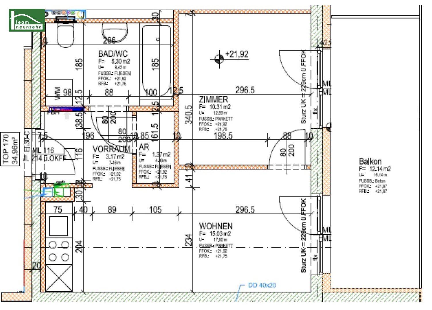 Detaillierter Grundriss einer Wohnung mit Bad/WC, Zimmer, Wohnbereich und Balkon.