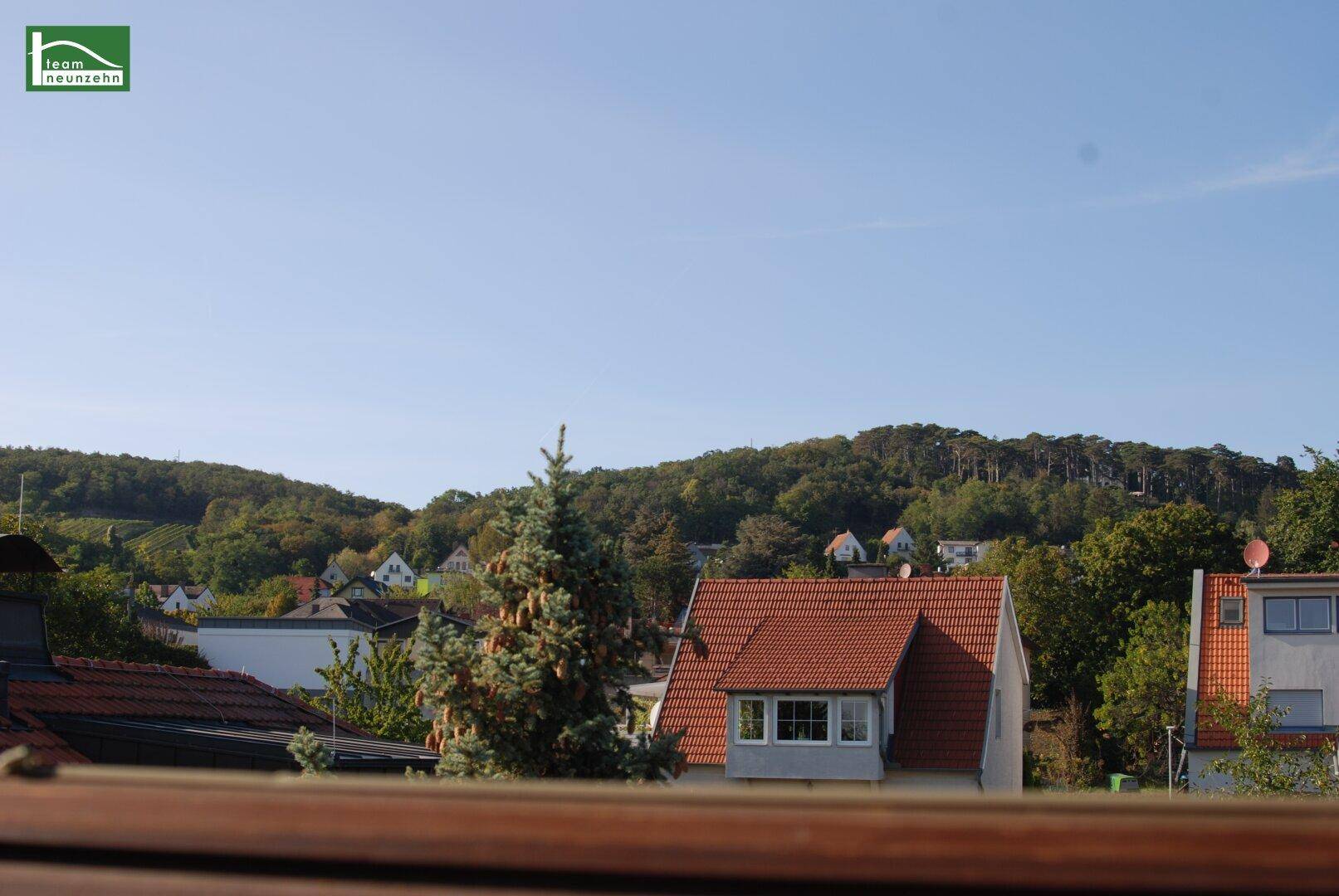Weitläufiger Blick über Dächer, grüne Hügel und bewaldete Landschaft unter blauem Himmel.