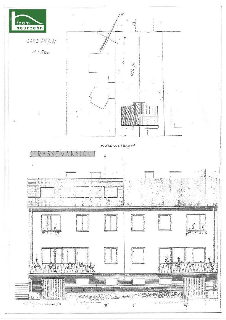Lageplan und Straßenansicht des Gebäudes mit Balkonen und Fenstern.