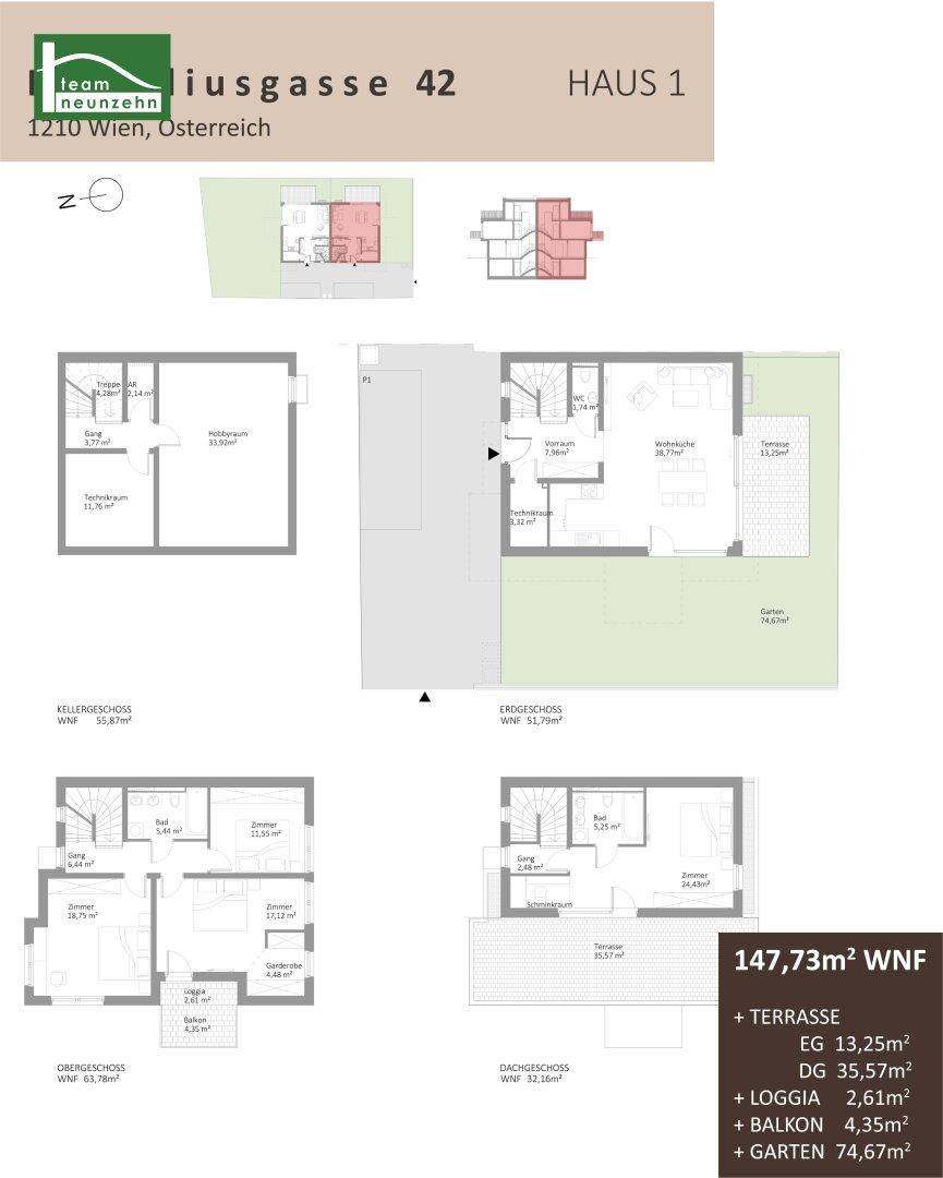 Detaillierter Grundriss von Haus 1 über mehrere Etagen mit Terrassen, Loggia und Garten.
