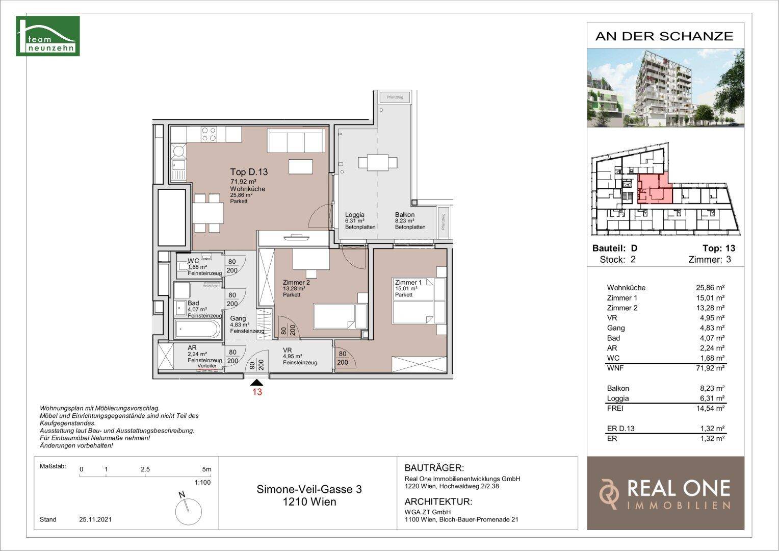 Detaillierter Grundriss der Wohnung Top D-13 mit Raumaufteilung und Flächenangaben.