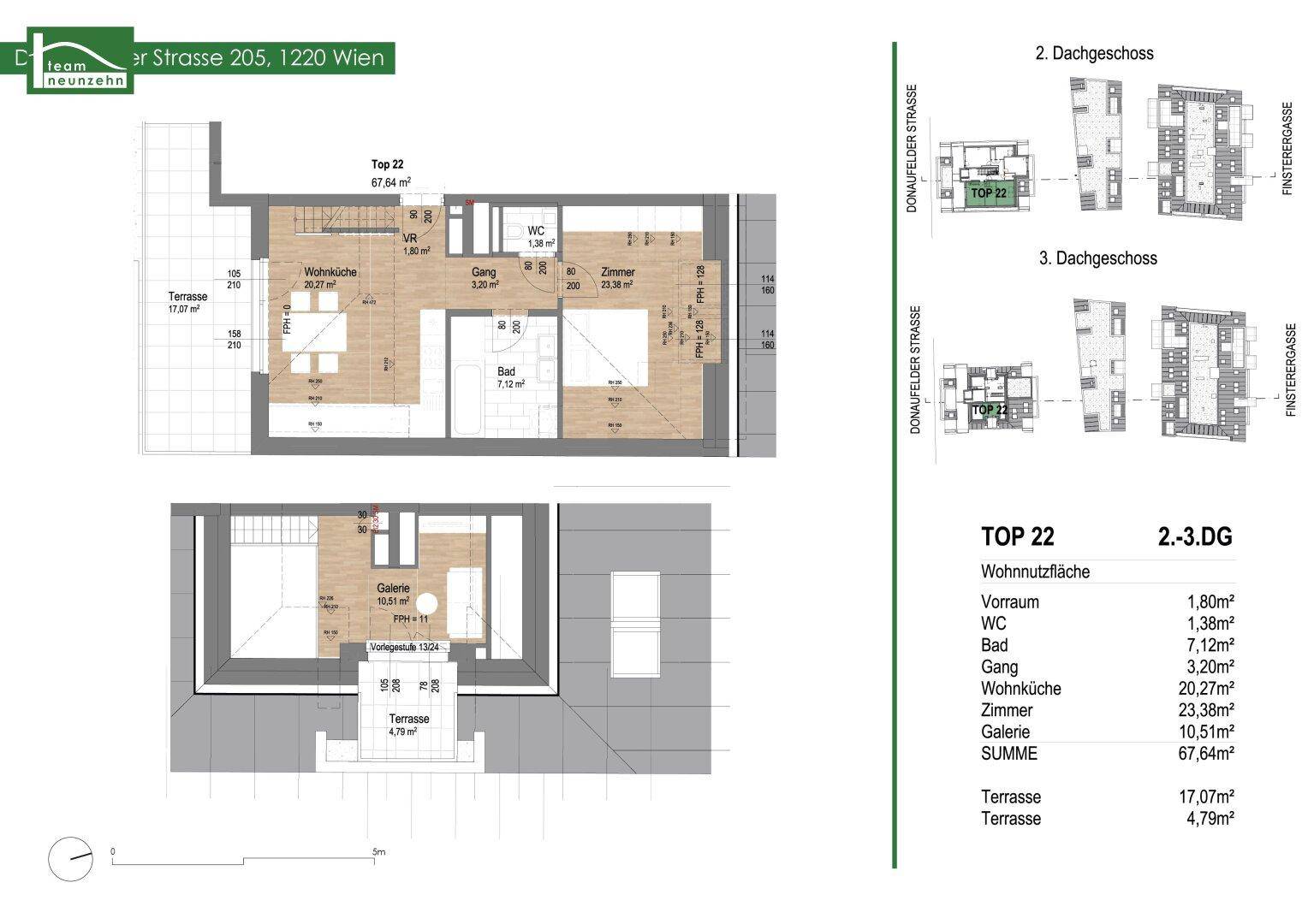 Grundriss einer Maisonette-Wohnung mit offener Wohnküche, Schlafzimmer, Bad, separatem WC und zwei Terrassen.