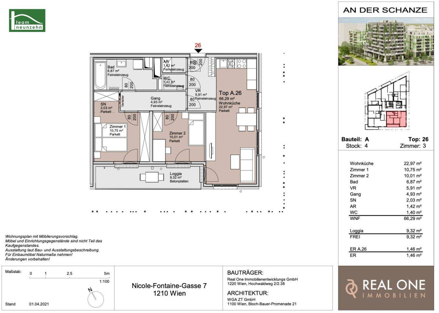Detaillierter Grundriss der Wohnung Top A.26 mit drei Zimmern und Loggia.