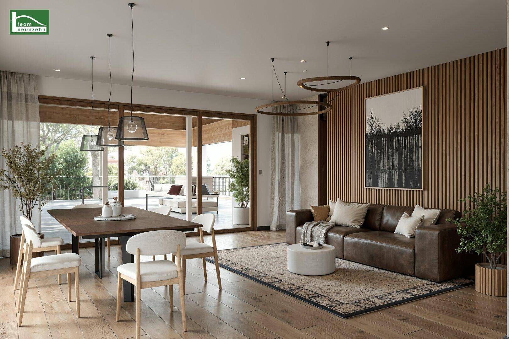 Geräumiger Wohn- und Essbereich mit Holzboden, moderner Einrichtung und Zugang zur Terrasse.