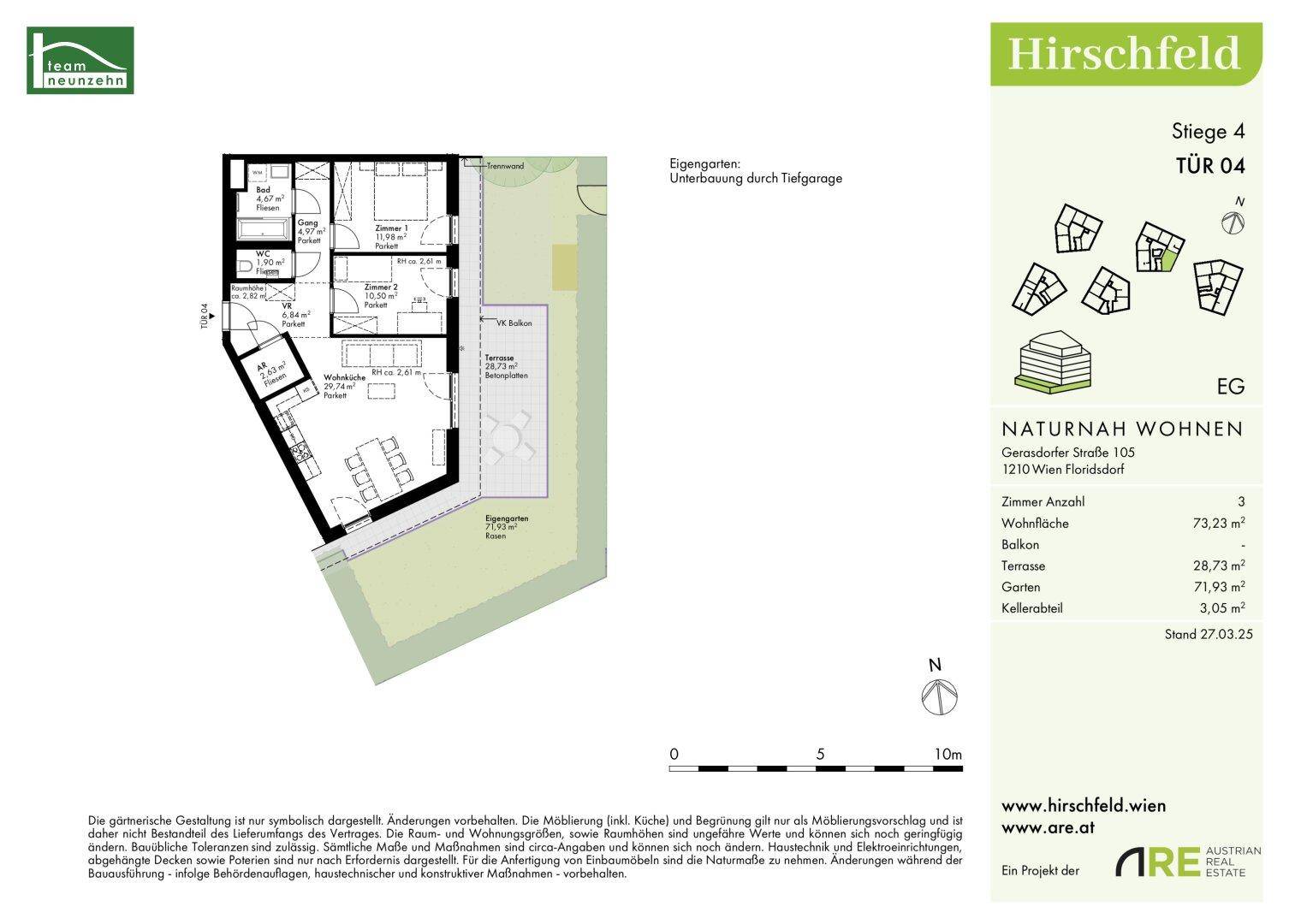 Grundriss einer Wohnung mit offenem Wohnbereich, Balkon, Terrasse und Garten.