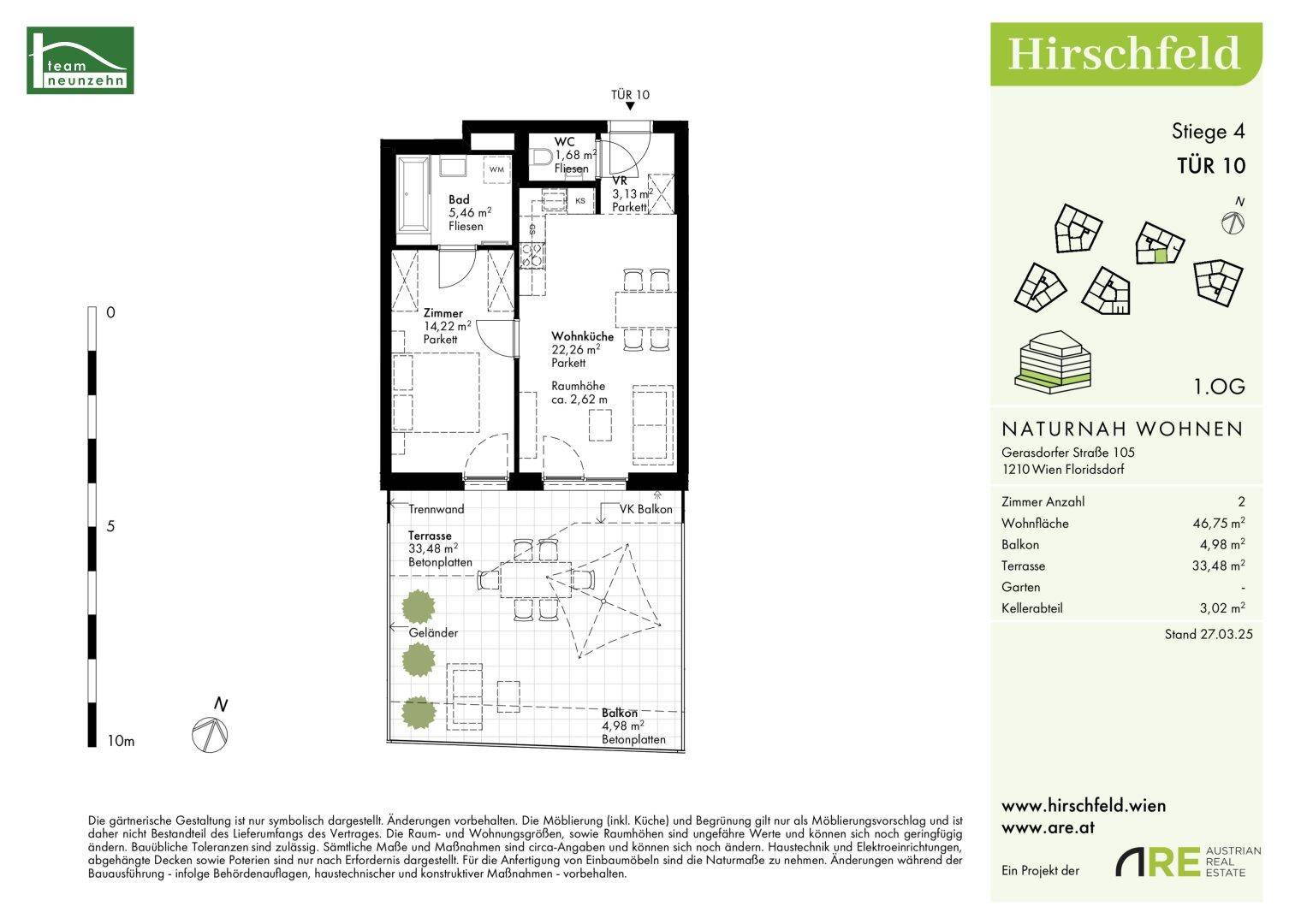 Grundriss der Wohnung mit zwei Zimmern, Balkon und großer Terrasse.