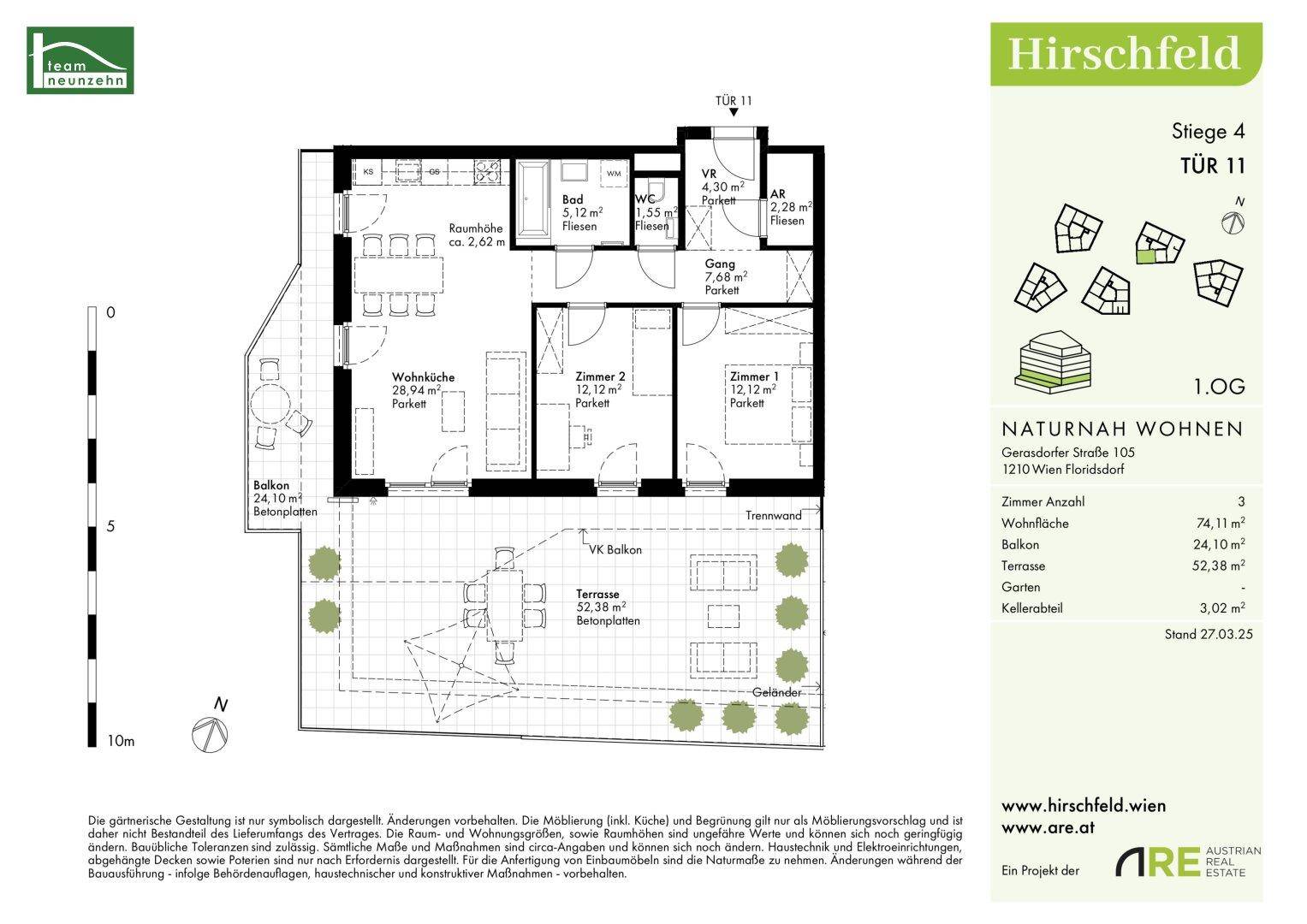 Grundriss einer Wohnung im 1. Obergeschoss mit Wohnküche, zwei Zimmern, Bad, WC, Balkon und Terrasse.