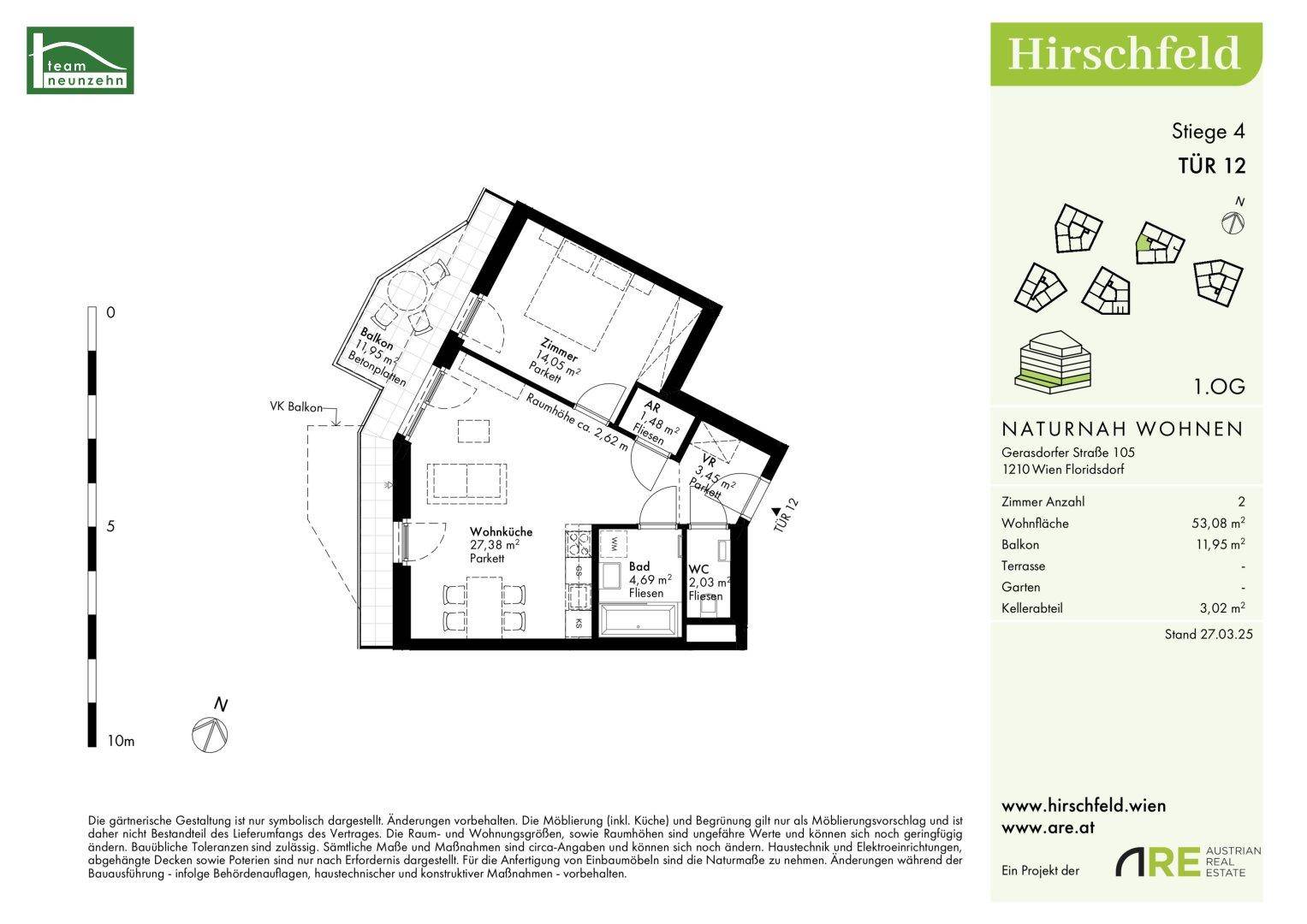 Grundriss einer Wohnung im 1. Obergeschoss mit Wohnküche, Schlafzimmer und Balkon.
