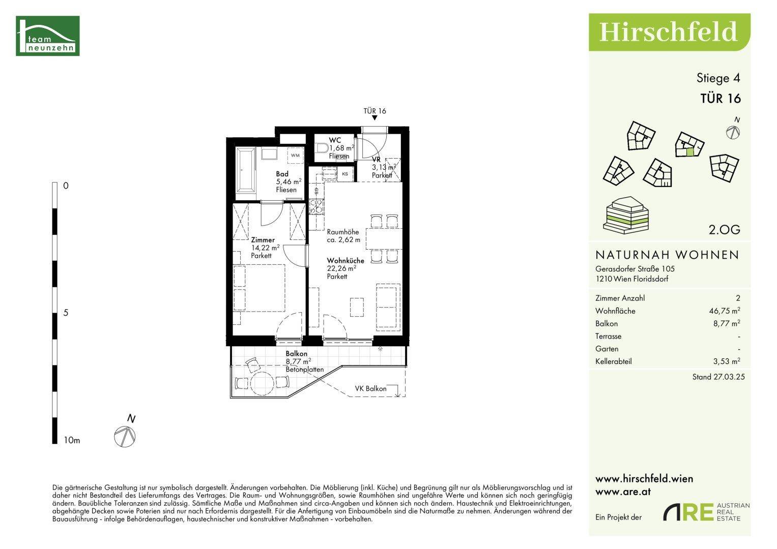 Grundriss der Wohnung Tür 16 im 2. Obergeschoss mit Balkon und Kellerabteil.