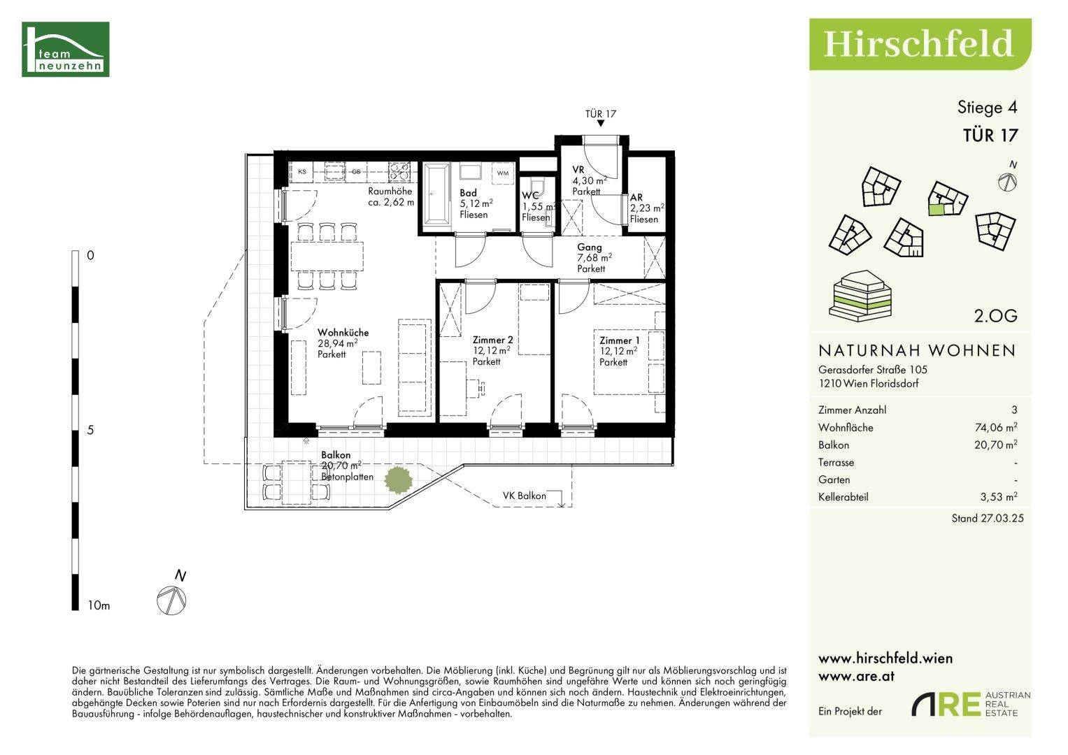Grundriss einer Wohnung im 2. Obergeschoss mit Wohnküche, zwei Zimmern, Bad, WC und Balkon.