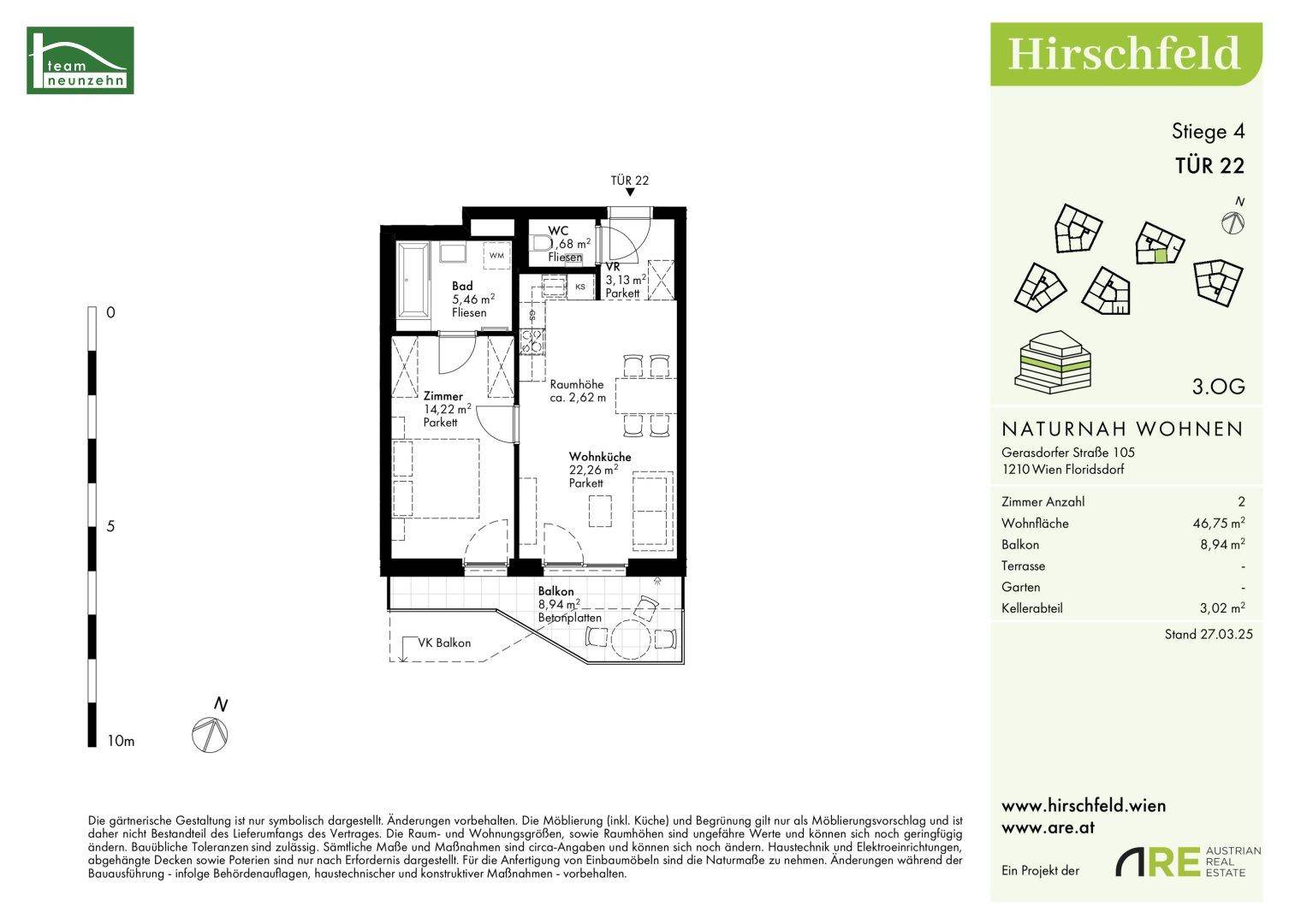 Grundriss der Wohnung Tür 22 im 3. Obergeschoss mit Balkon und Wohnküche.
