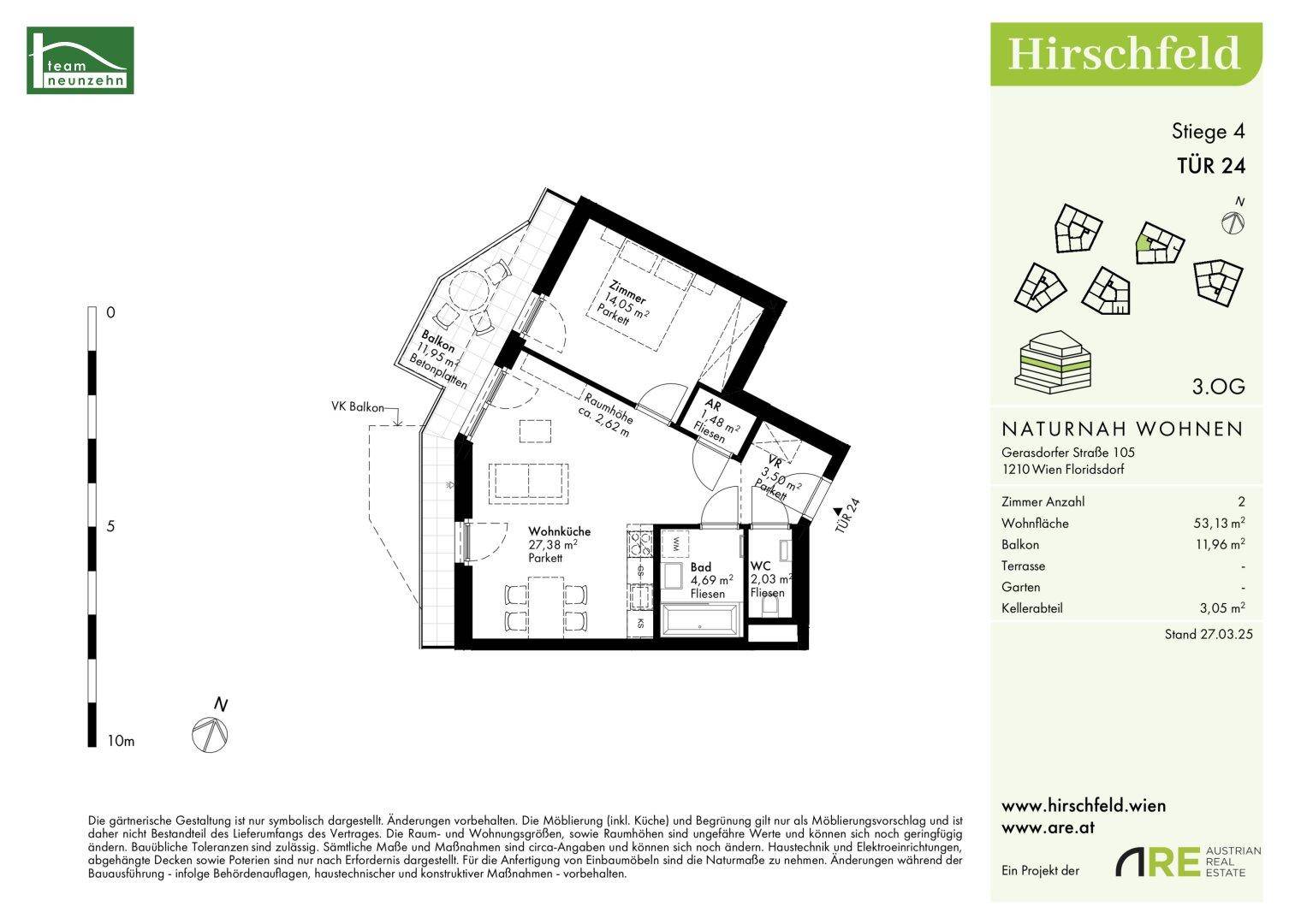 Grundriss der Wohnung im 3. Obergeschoss mit Balkon, Wohnküche und Schlafzimmer.