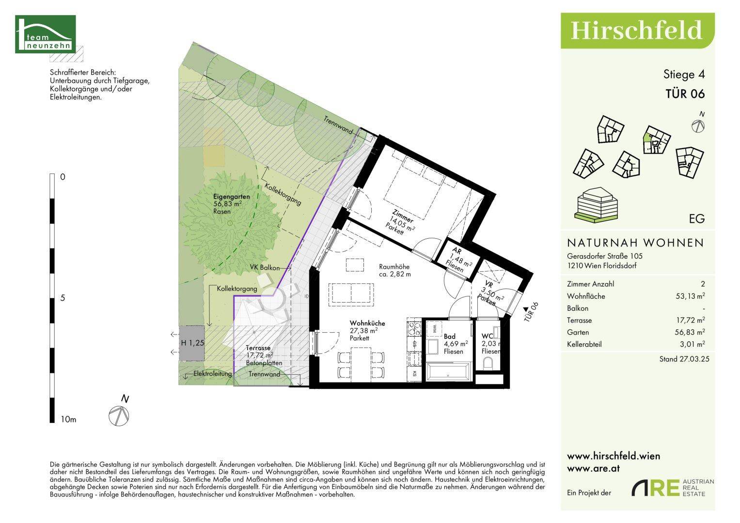 Grundriss der Wohnung im Erdgeschoss mit zwei Zimmern, Terrasse und Gartenanteil.