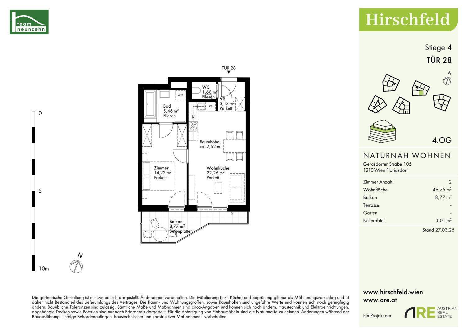 Grundriss der Wohnung mit zwei Zimmern, Bad, WC und Balkon auf 46,75 m².