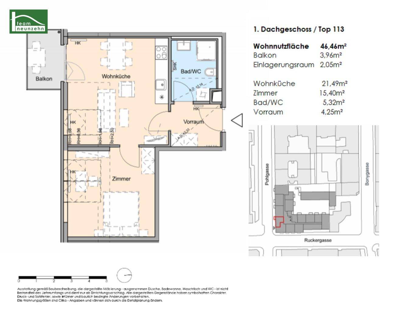Grundriss des Dachgeschosses mit Wohnküche, Zimmer, Bad/WC und Balkon, Gesamtfläche 46,46m².