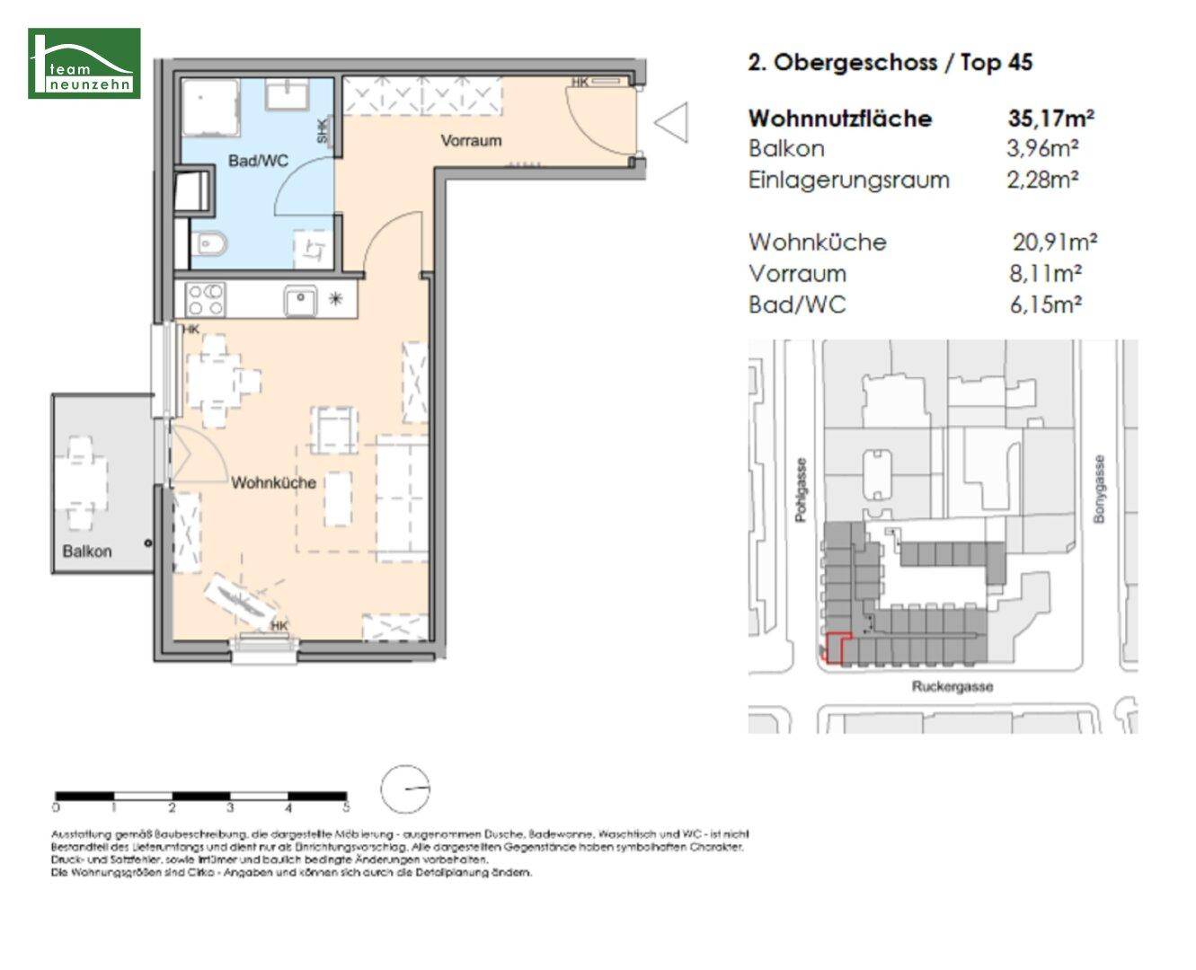 Grundriss einer Wohnung mit Wohnküche, Bad und Balkon im 2. Obergeschoss.
