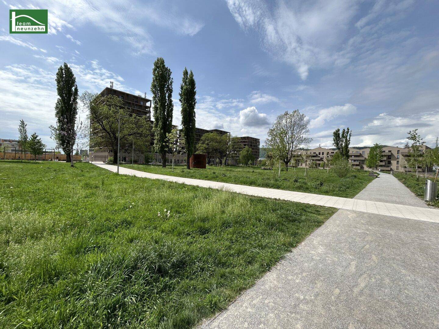 Breiter Gehweg durch eine grüne Parkanlage mit modernen Gebäuden am Horizont.
