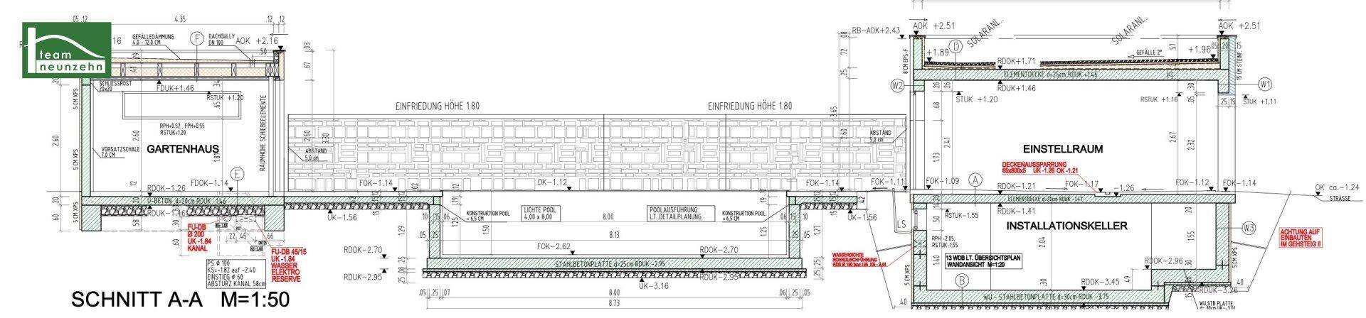Architektonischer Schnittplan mit Gartenhaus und Installationskeller, detaillierte Konstruktionsansicht.