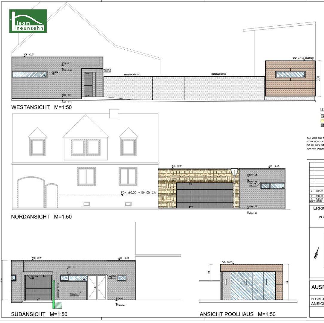 Architektonische Ansichten des Gebäudes und des Poolhauses mit verschiedenen Fassadendetails.