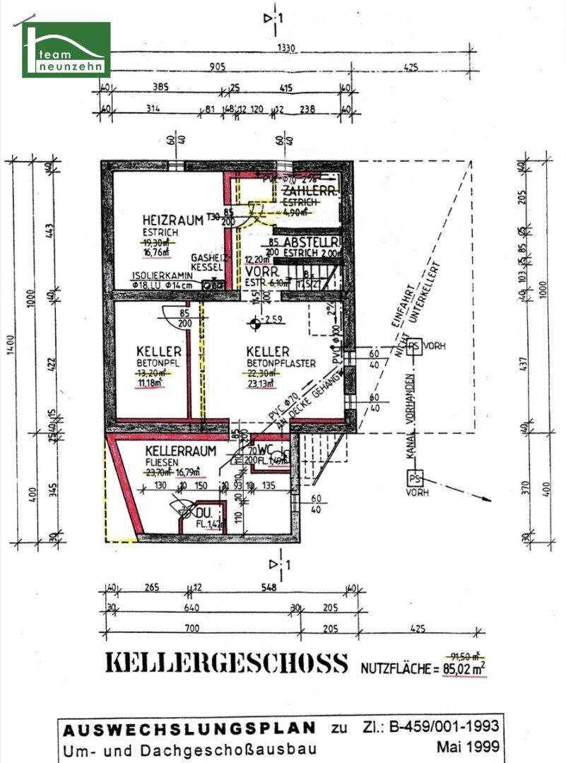 Grundriss des Kellergeschosses mit Heizraum, Abstellräumen und weiteren Kellerräumen.