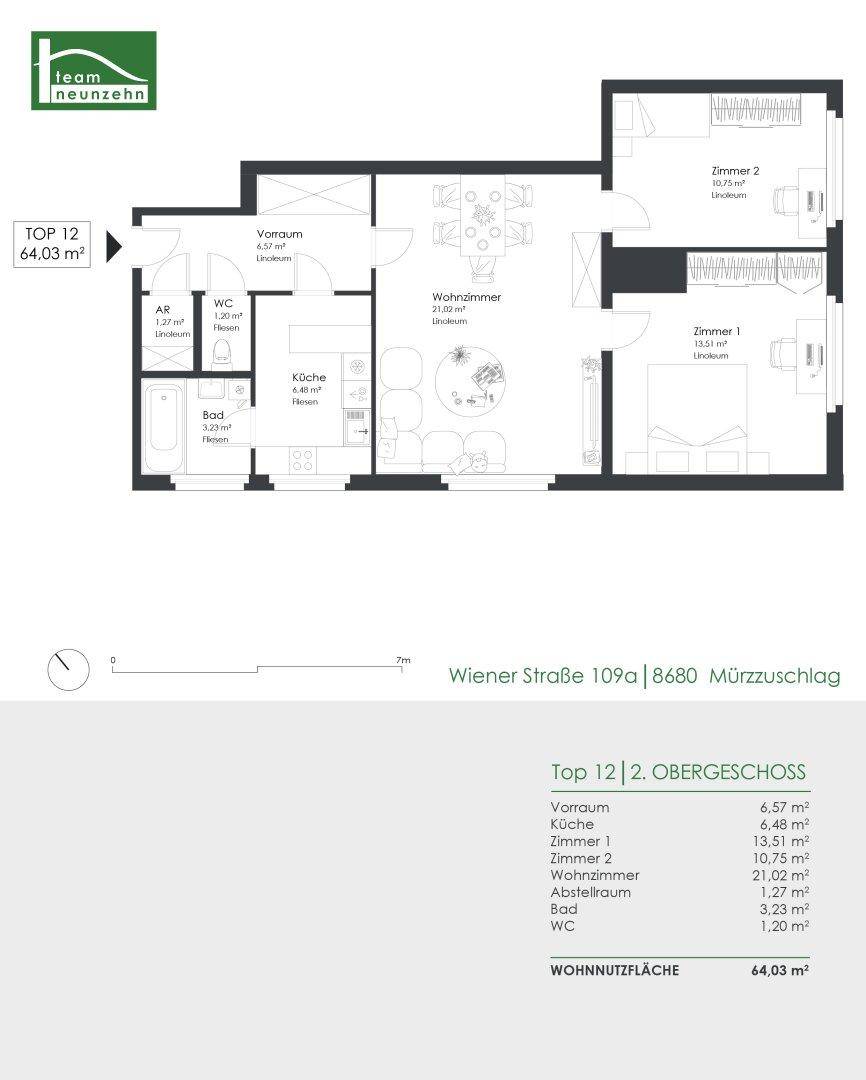 Grundrissplan einer Wohnung mit offenem Wohnbereich, Küche, zwei Schlafzimmern, Bad und separatem WC.