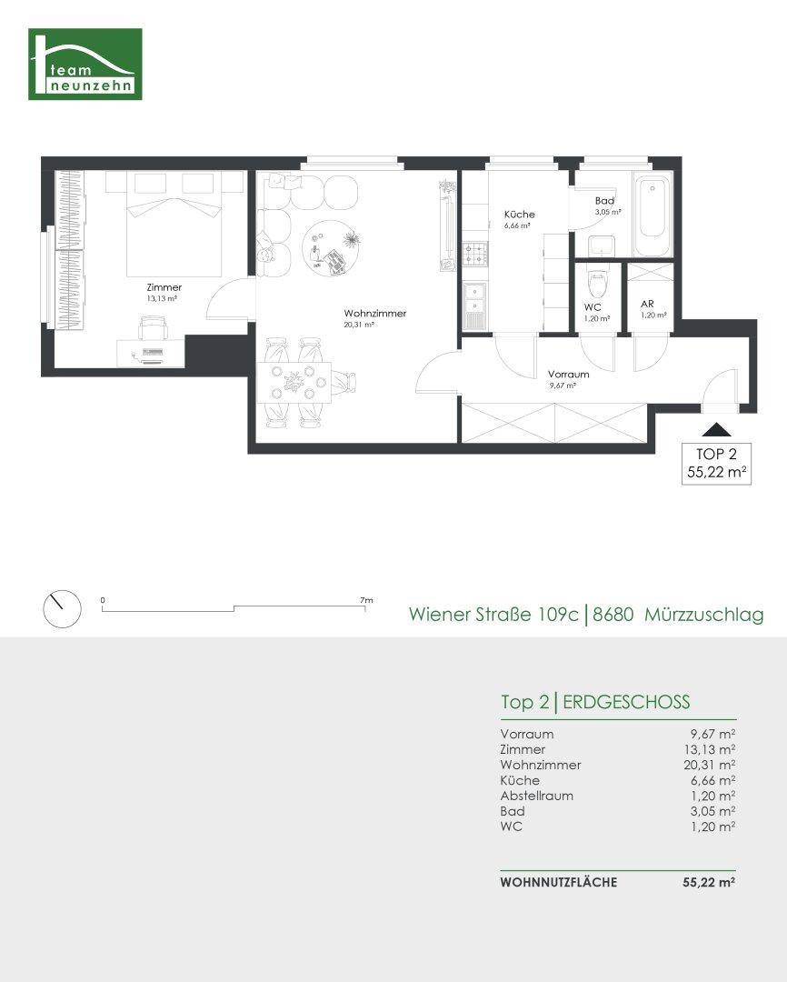 Grundriss der Wohnung Top 2 mit Zimmern, Wohnzimmer, Küche und Bad.