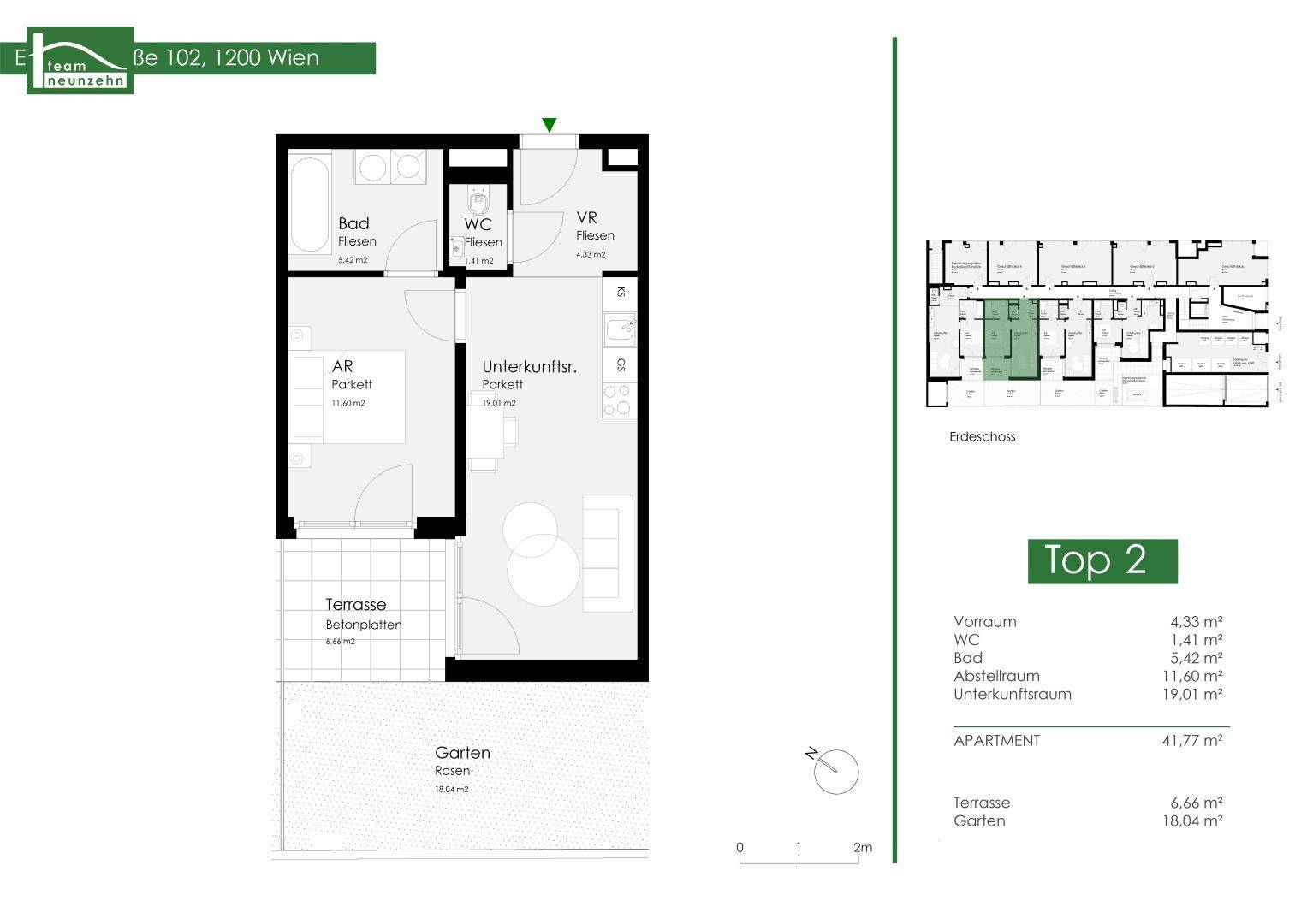 Grundriss der Wohnung Top 2 mit Terrasse und Gartenbereich im Erdgeschoss.