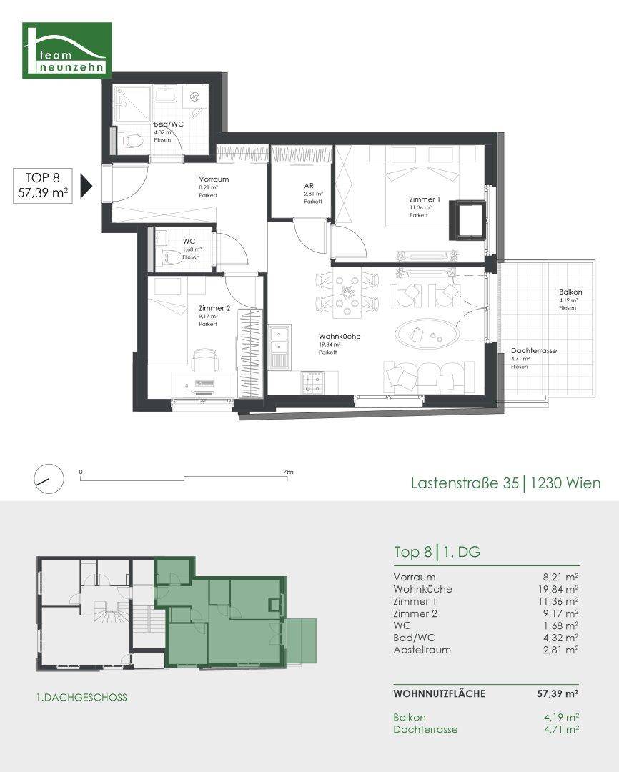 Grundriss einer modernen Wohnung mit offener Wohnküche, zwei Schlafzimmern, Bad, separatem WC, Balkon und Dachterrasse.