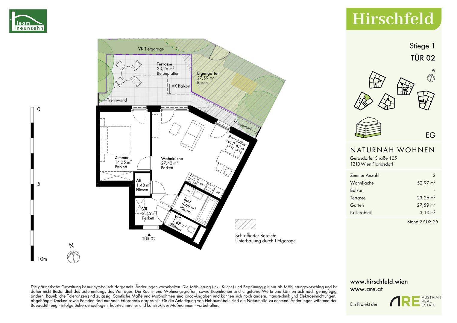 Grundriss einer Wohnung mit zwei Zimmern, Terrasse, Garten und Tiefgaragenzugang.