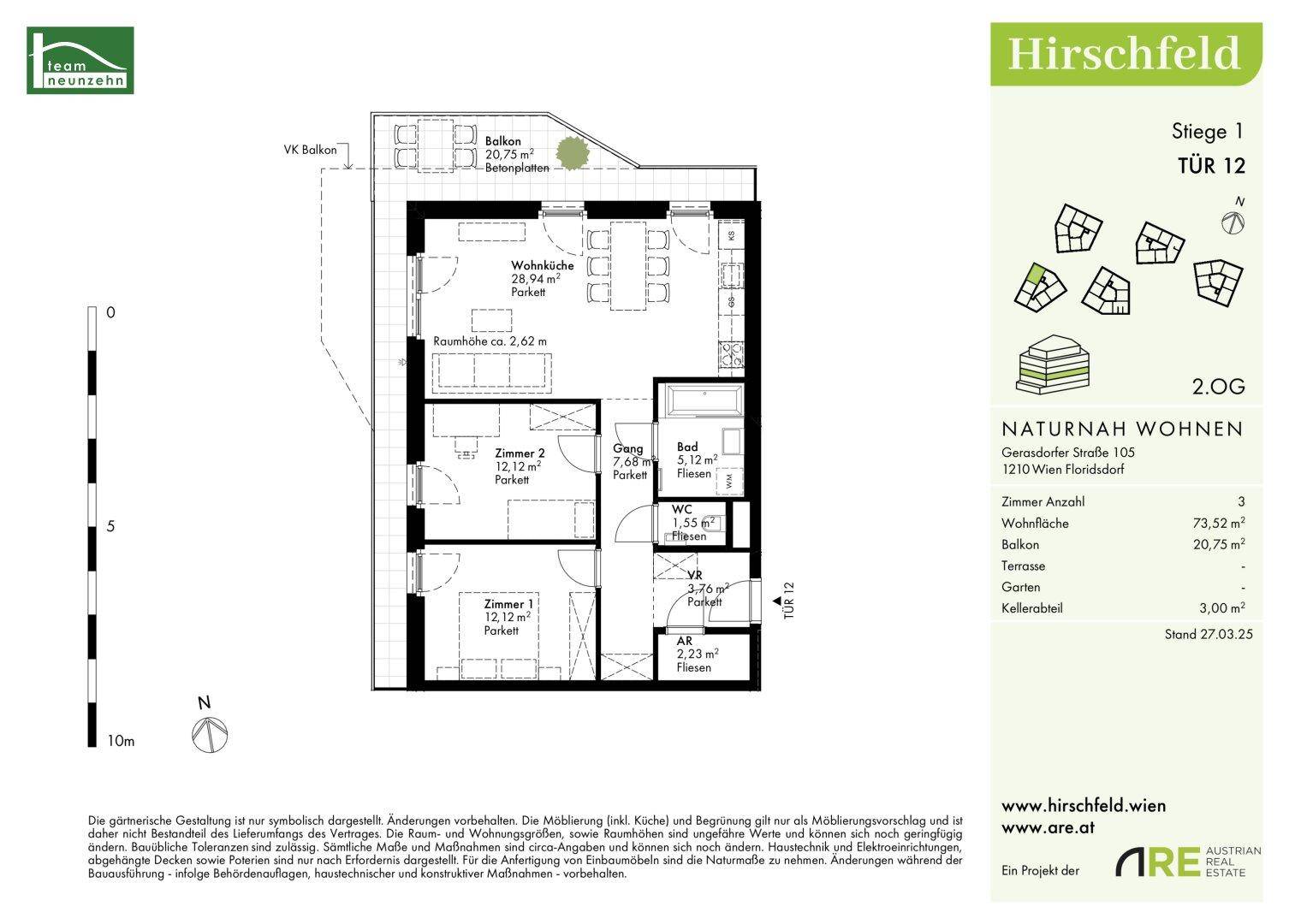 Grundriss der Wohnung Tür 12 im 2. Obergeschoss mit Wohnküche, zwei Zimmern, Bad, WC, Balkon und Terrasse.