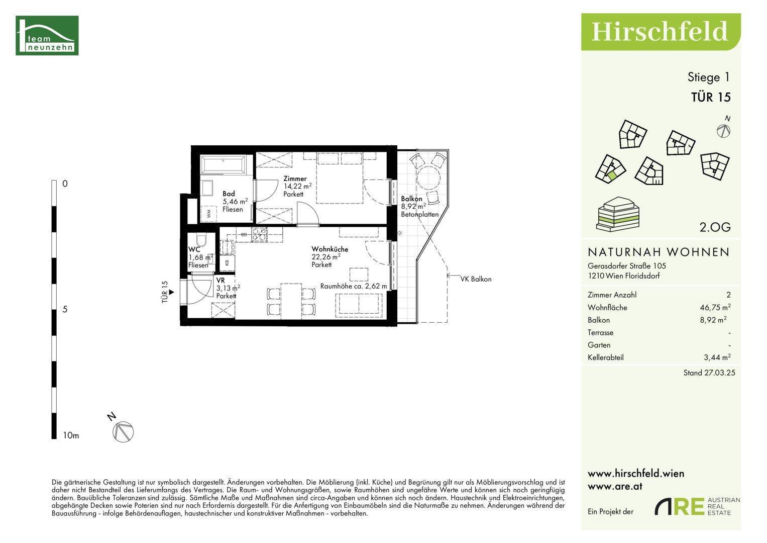 Grundriss einer Wohnung mit zwei Zimmern, Balkon und einer Wohnfläche von 46,75 m².