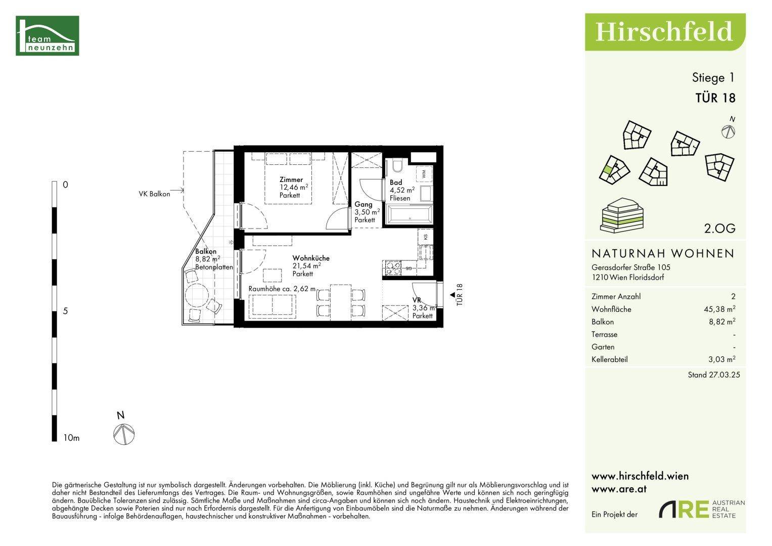 Grundriss der Wohnung Stiege 1 Tür 18 mit 45,38 m² Wohnfläche und Balkon.