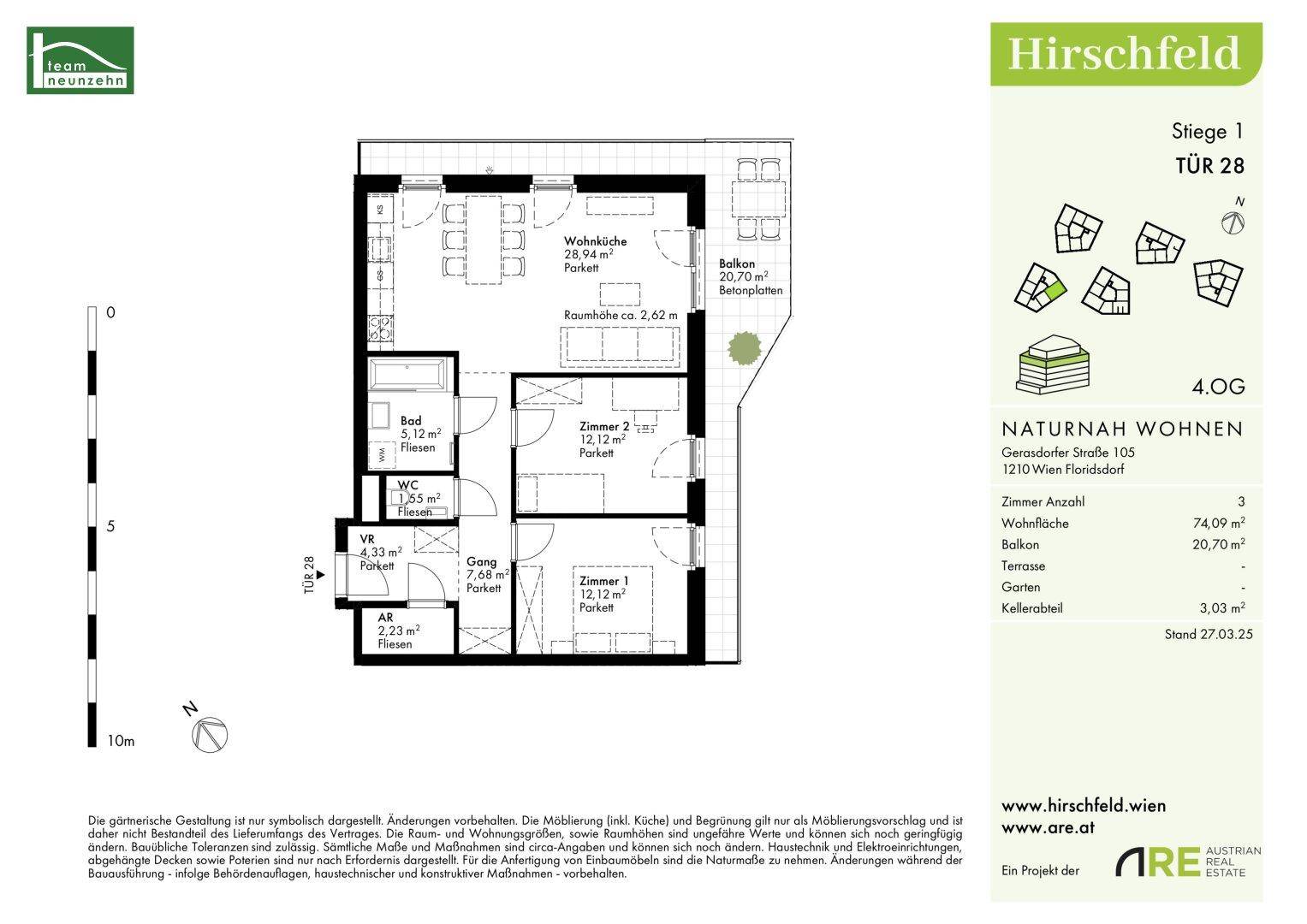 Grundriss einer Wohnung im 4. Obergeschoss mit drei Zimmern, Balkon und separatem WC.