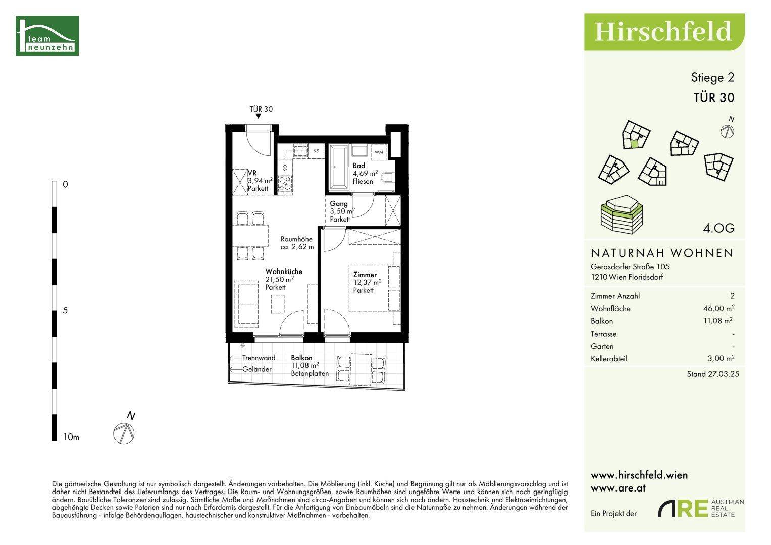 Grundriss einer Wohnung im 4. Obergeschoss mit Wohnküche, Schlafzimmer und Balkon.