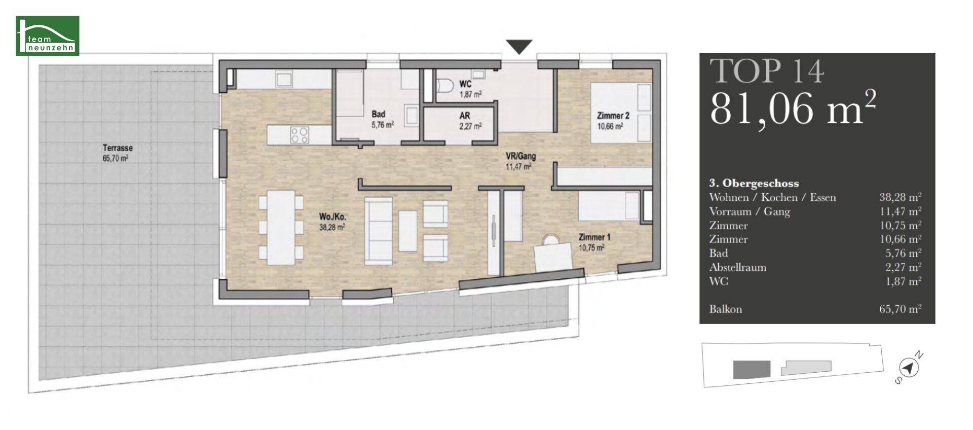 Grundriss der Wohnung TOP 14 mit 81,06 m² Wohnfläche und großer Terrasse.