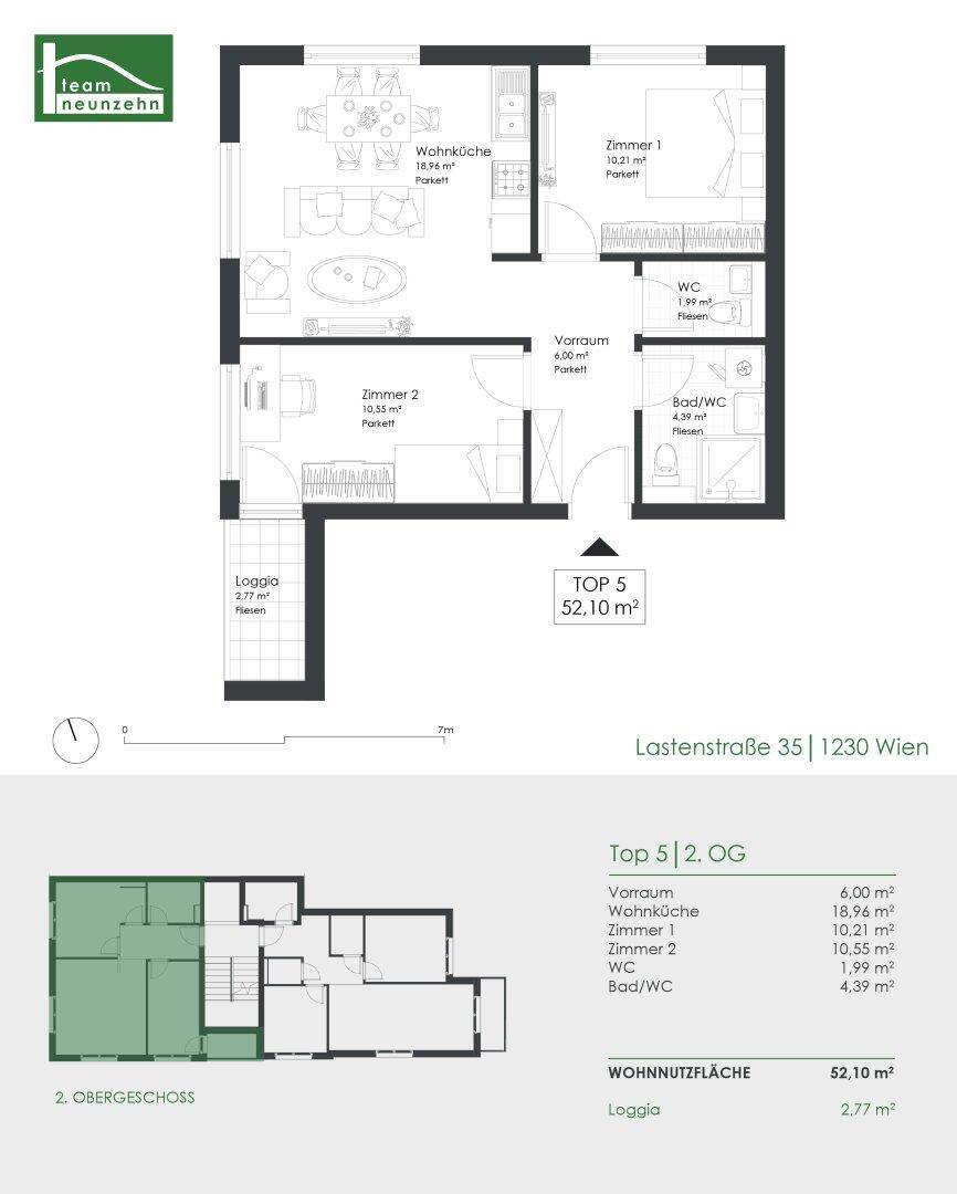 Grundriss einer Wohnung mit offener Wohnküche, zwei Zimmern, Bad, separatem WC und Loggia.