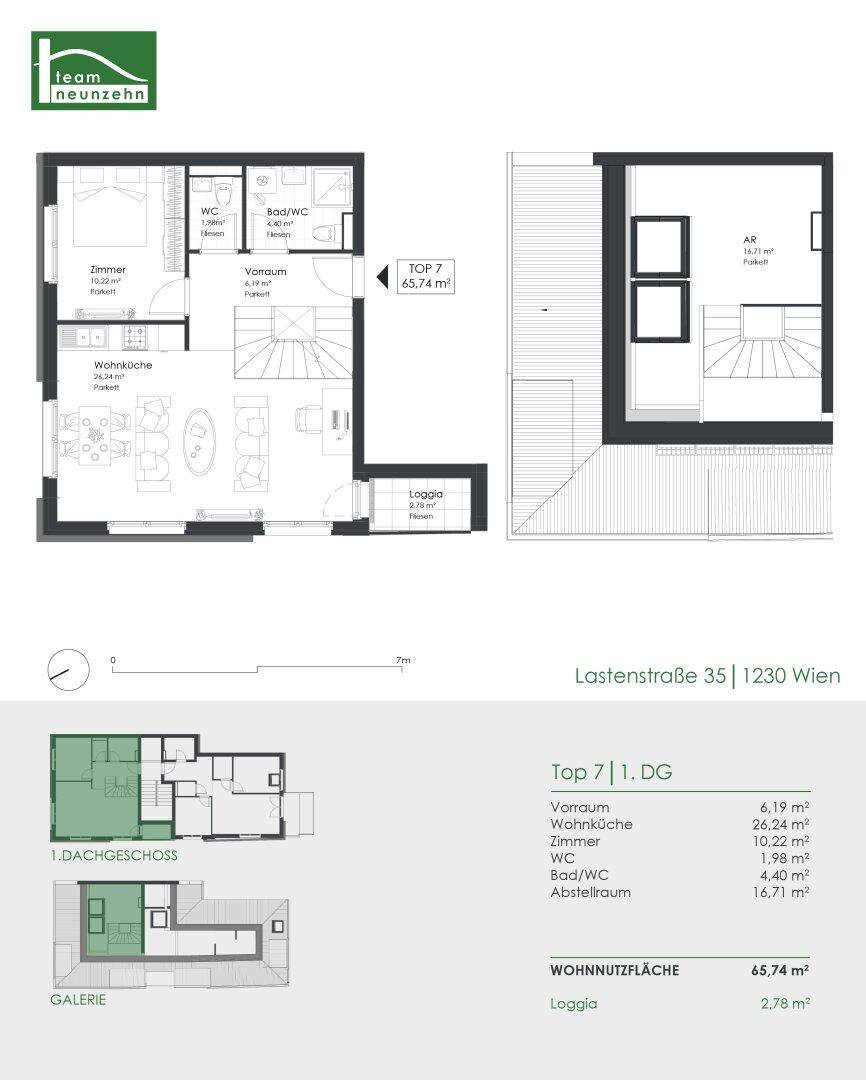 Grundriss einer Maisonette-Wohnung mit offener Wohnküche, Loggia und zwei Bädern auf zwei Ebenen.