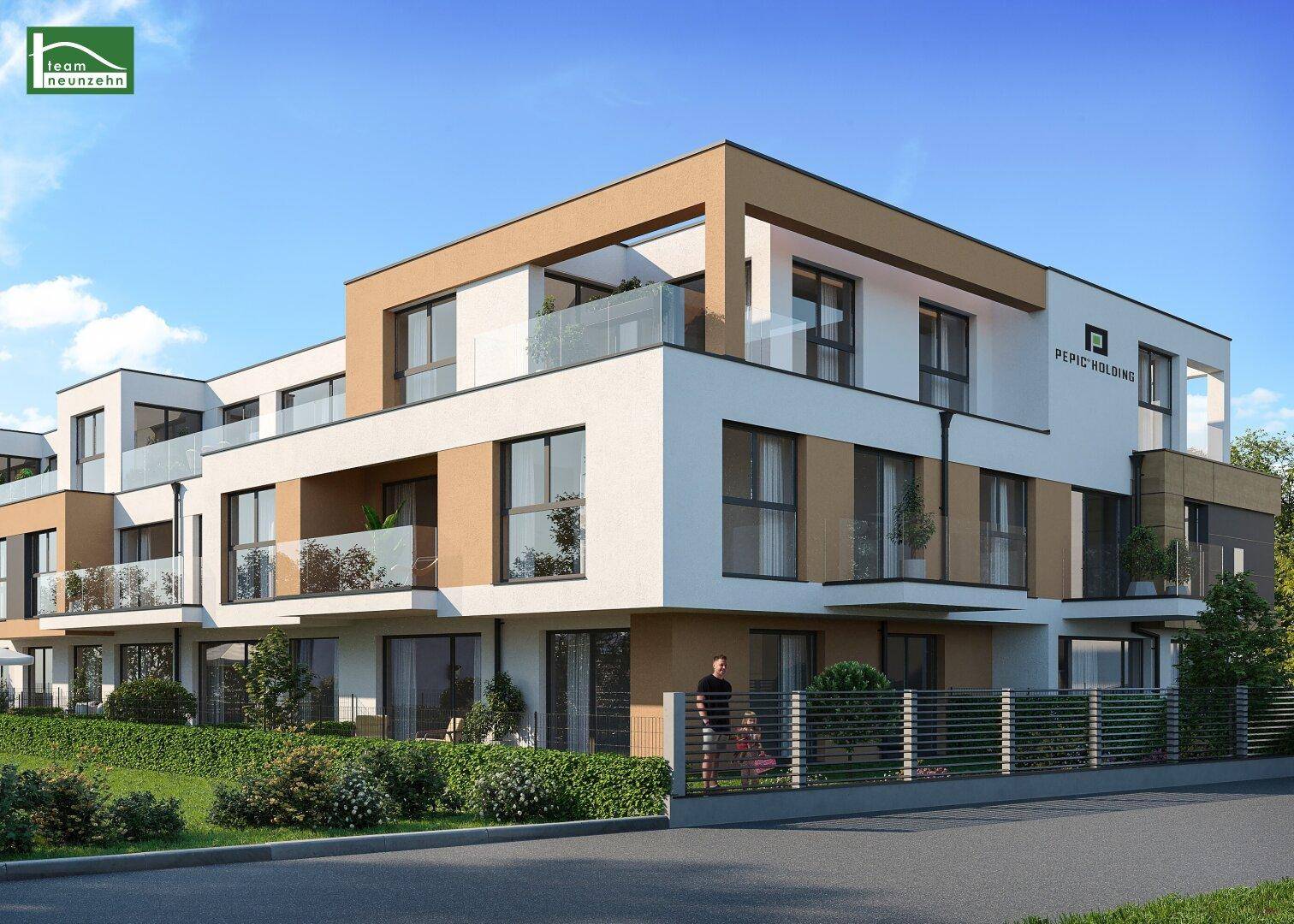 Ansicht der modernen Wohnanlage mit klarer Linienführung und großzügigen Fensterfronten.