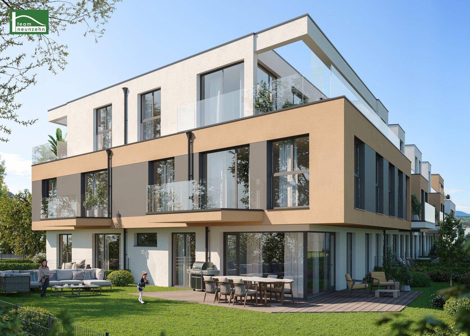 Moderne Wohnanlage mit großzügiger Terrasse, Garten und Grillbereich für entspannte Stunden.