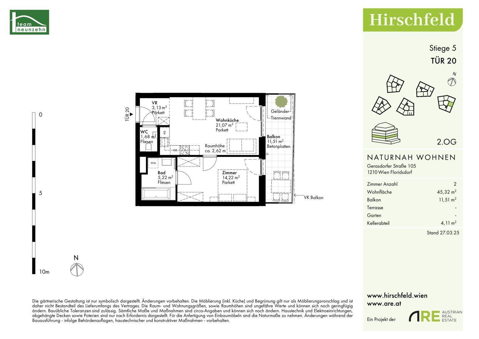 Grundriss einer Wohnung mit zwei Zimmern, Bad, WC und einem Balkon von 11,51 m².