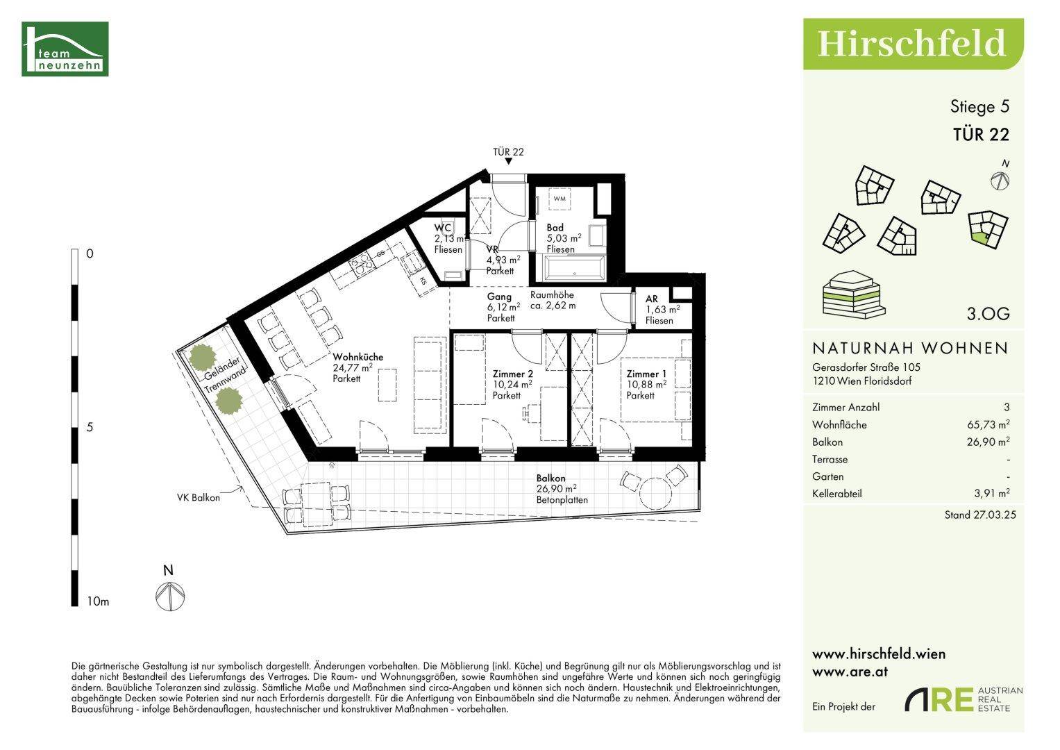 Grundriss der Wohnung Stiege 5, Tür 22 mit offener Wohnküche, zwei Zimmern und großem Balkon.