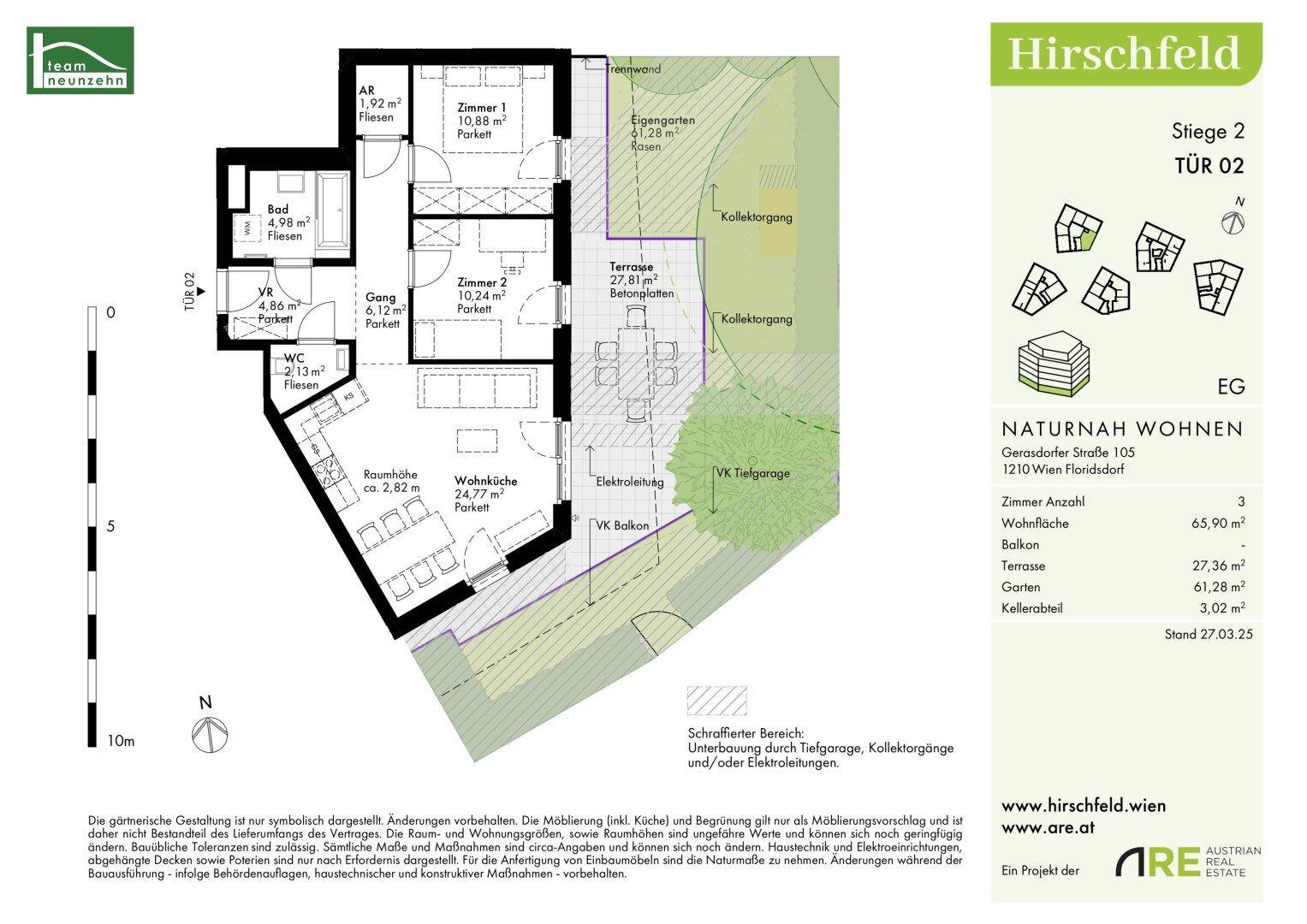 Grundriss der Wohnung Stiege 02 Tür 02 mit Wohnküche, zwei Zimmern, Bad, Terrasse und Eigengarten.