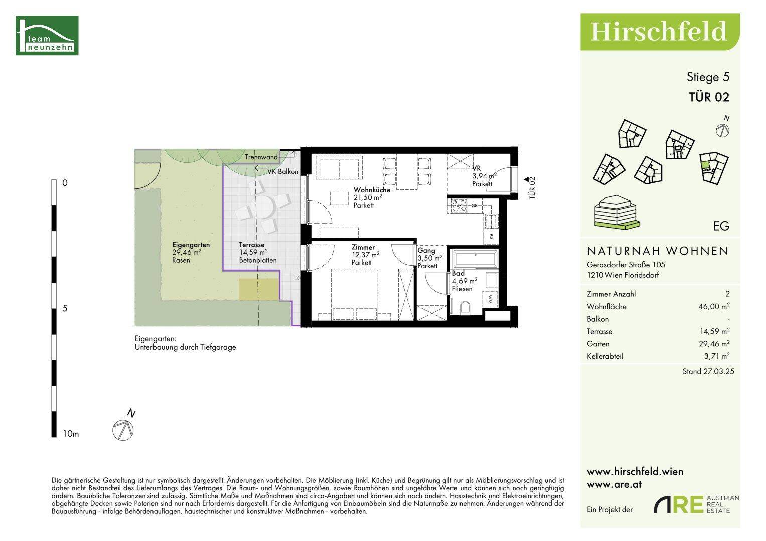 Grundriss einer Wohnung mit offener Wohnküche, Schlafzimmer, Bad, WC, Balkon, Terrasse und eigenem Garten.