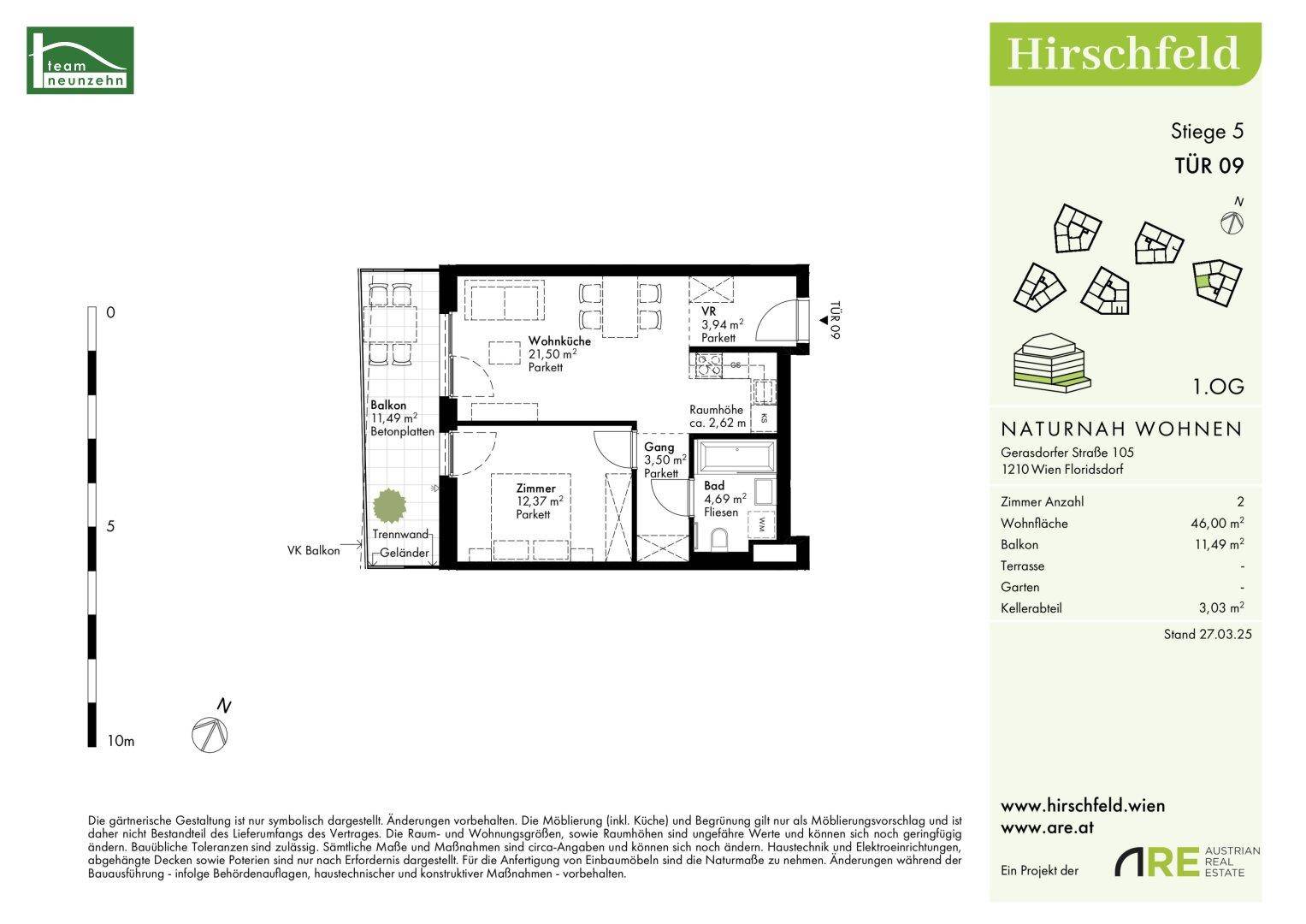 Grundriss der Wohnung "Hirschfeld" im 1. Obergeschoss mit Wohnküche, Schlafzimmer und Balkon.