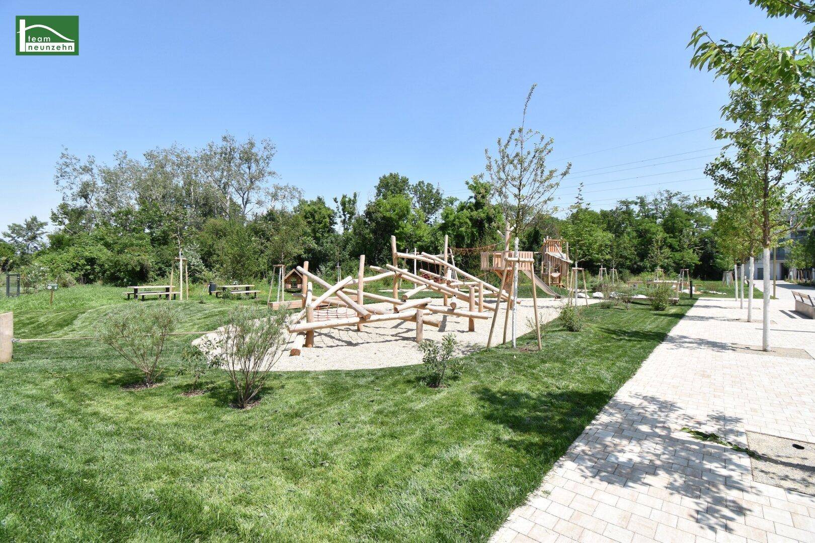 Sonniger Spielplatz mit Holzspielgeräten und viel Grünfläche für Kinder.