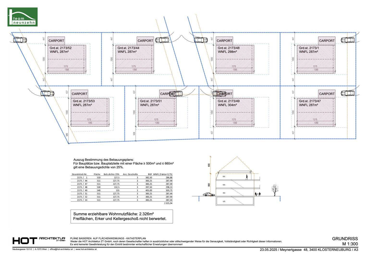 Detaillierter Katasterplan mit Grundstücksaufteilung, Carports und Wohnflächenangaben der Neubauten.