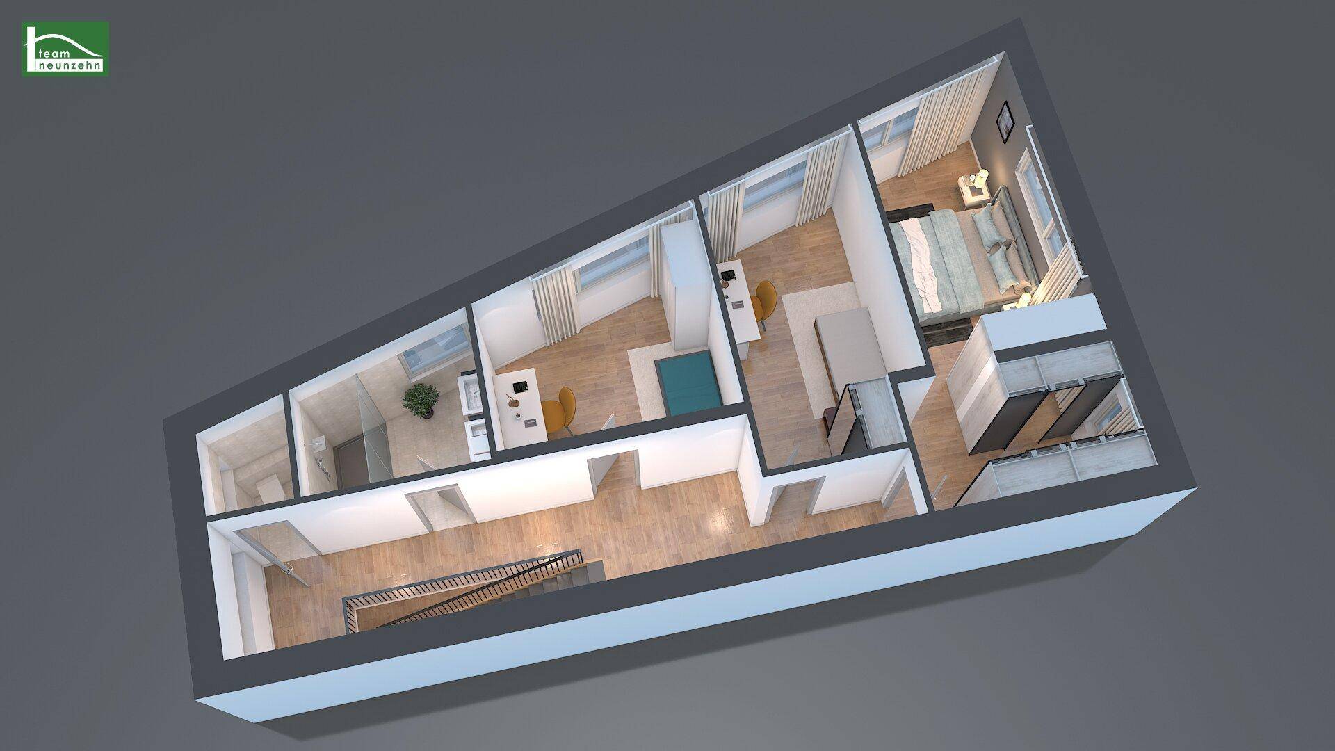 3D-Grundriss des Obergeschosses mit Schlafzimmern und Badezimmern, aus der Vogelperspektive.