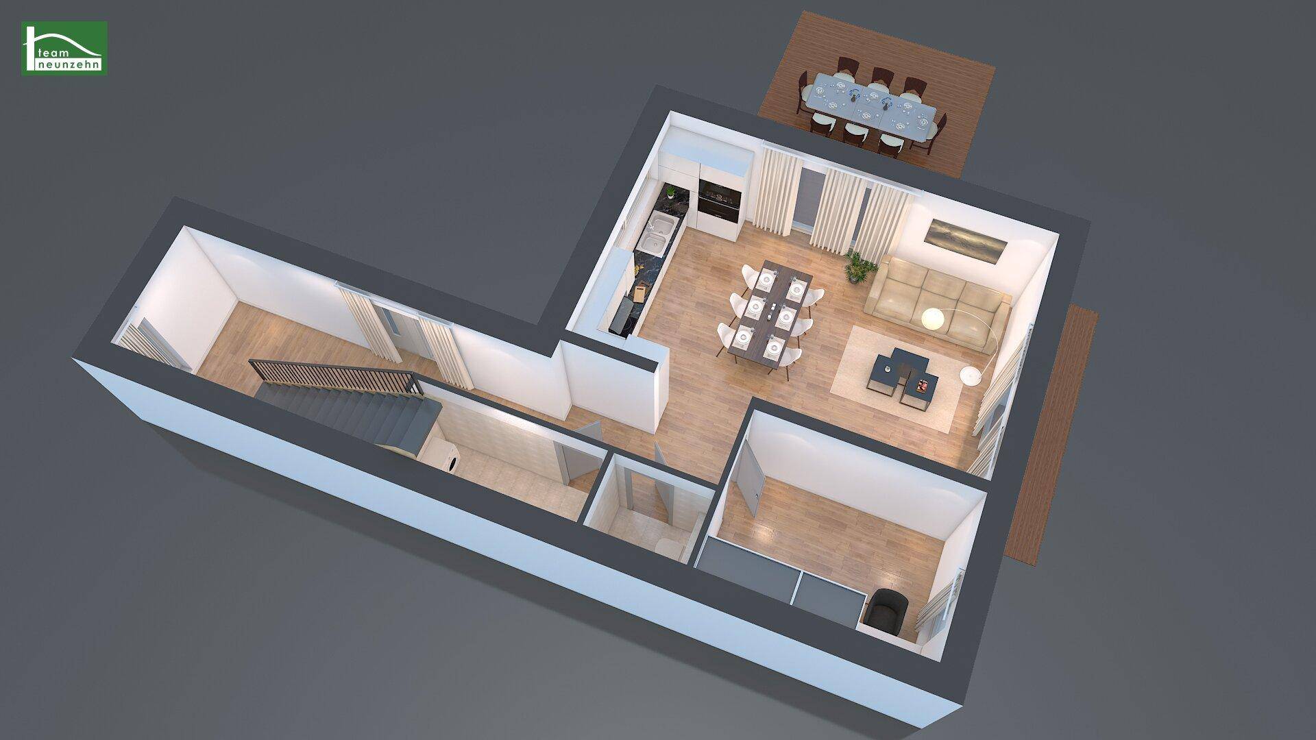 3D-Grundriss des Erdgeschosses mit offenem Wohn-Essbereich, Küche und angrenzender Terrasse.