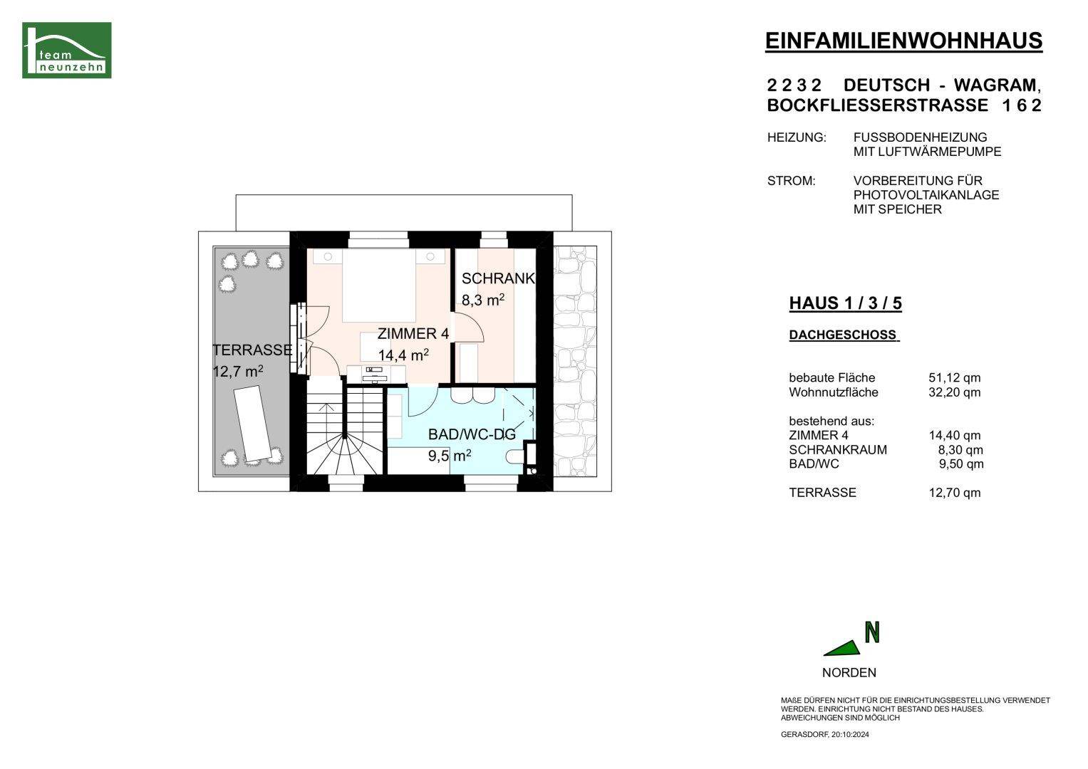 Grundriss des Dachgeschosses mit Zimmer, Bad, Schrankraum und großer Terrasse.