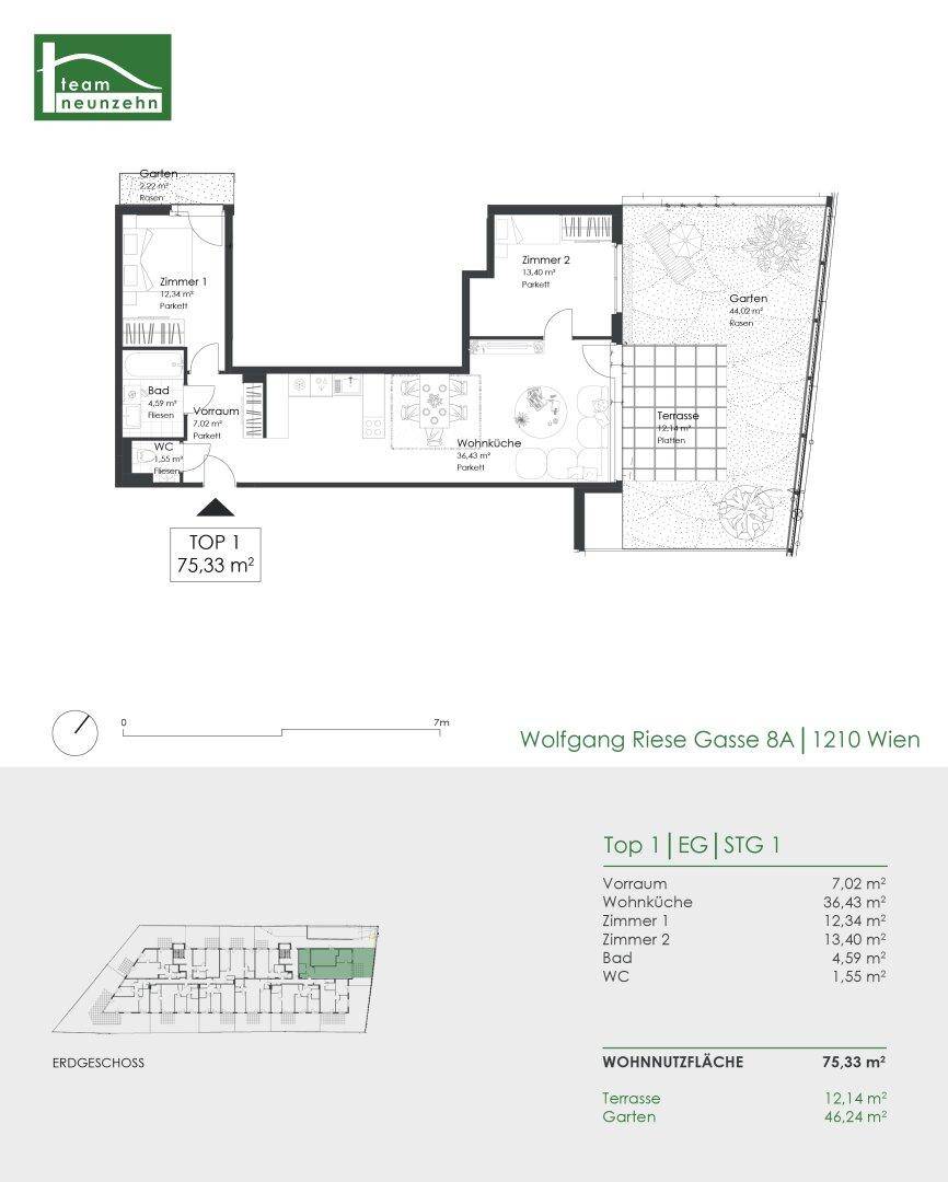Grundriss einer Wohnung mit offener Wohnküche, zwei Schlafzimmern, Bad, separatem WC, Terrasse und Garten.